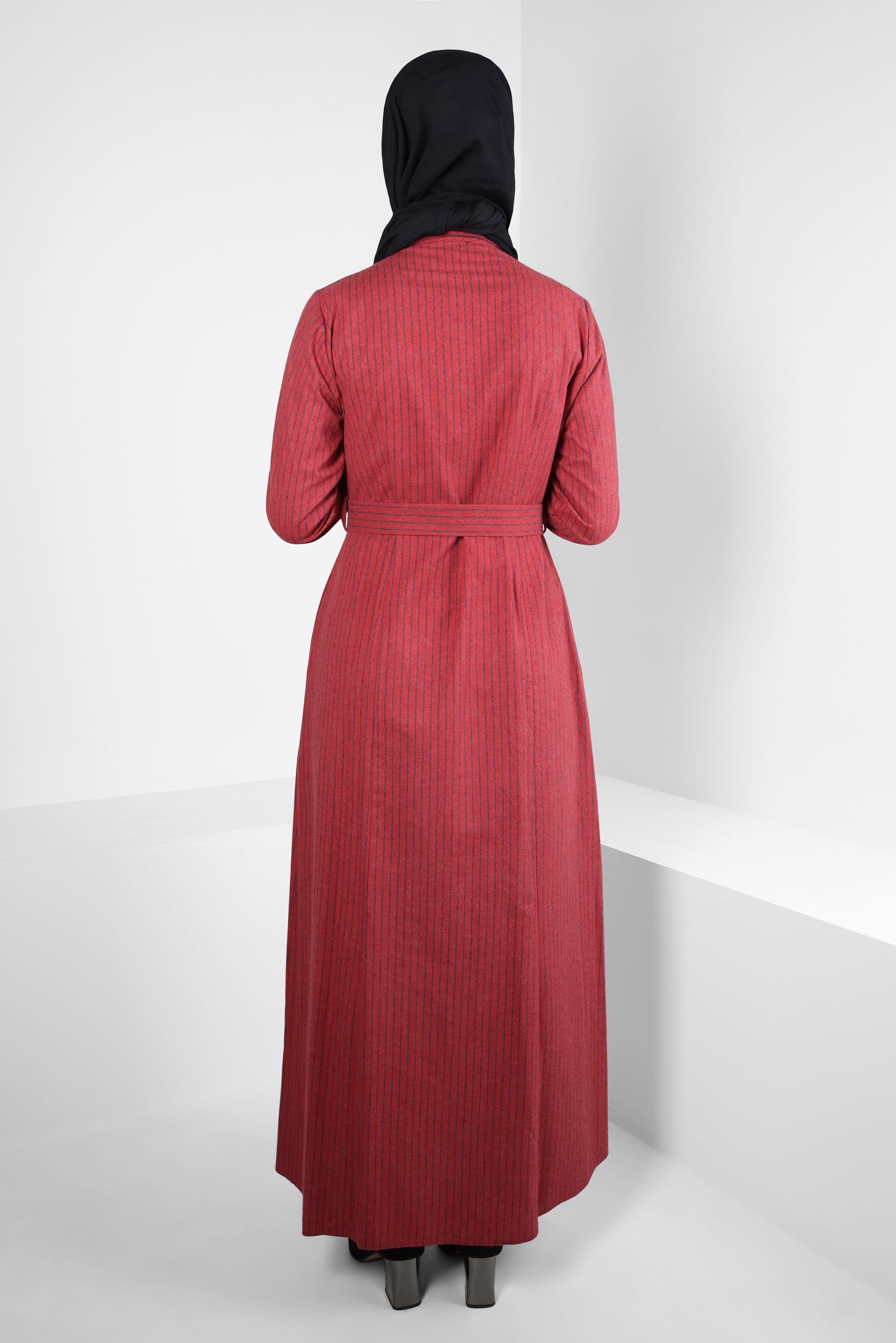 Tesettür giyim KIRMIZI ÇİZGİ DESENLİ ELBİSE 40198-1