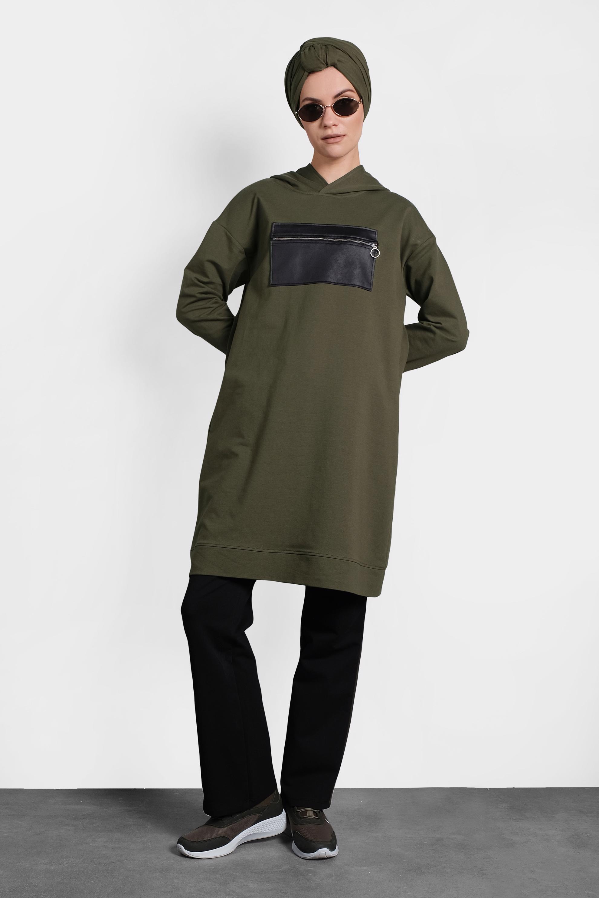 Tesettür giyim HAKİ ÖNÜ CEPLİ KAPÜŞONLU EŞOFMAN TAKIMI 40100