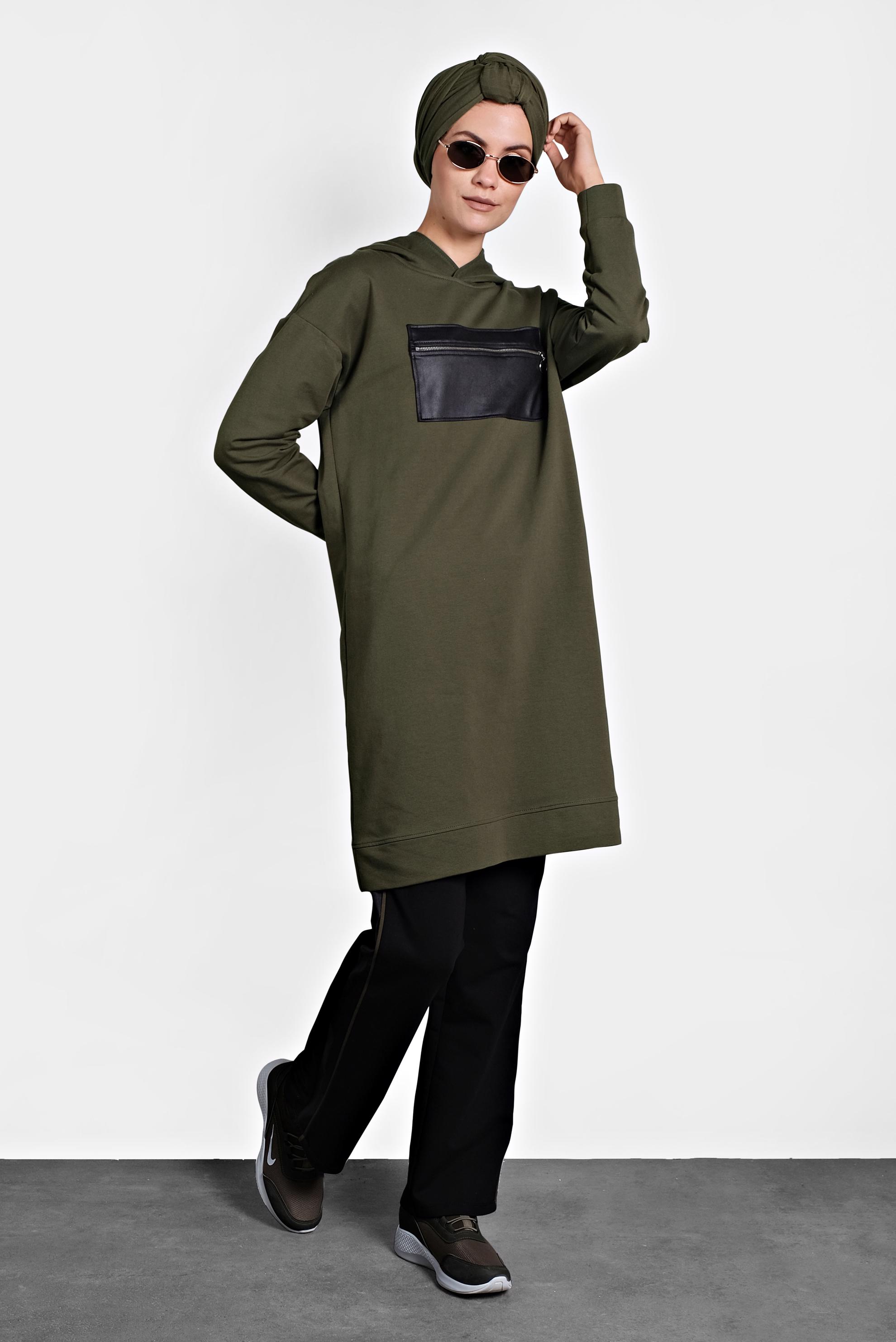 Tesettür giyim HAKİ ÖNÜ CEPLİ KAPÜŞONLU EŞOFMAN TAKIMI 40100
