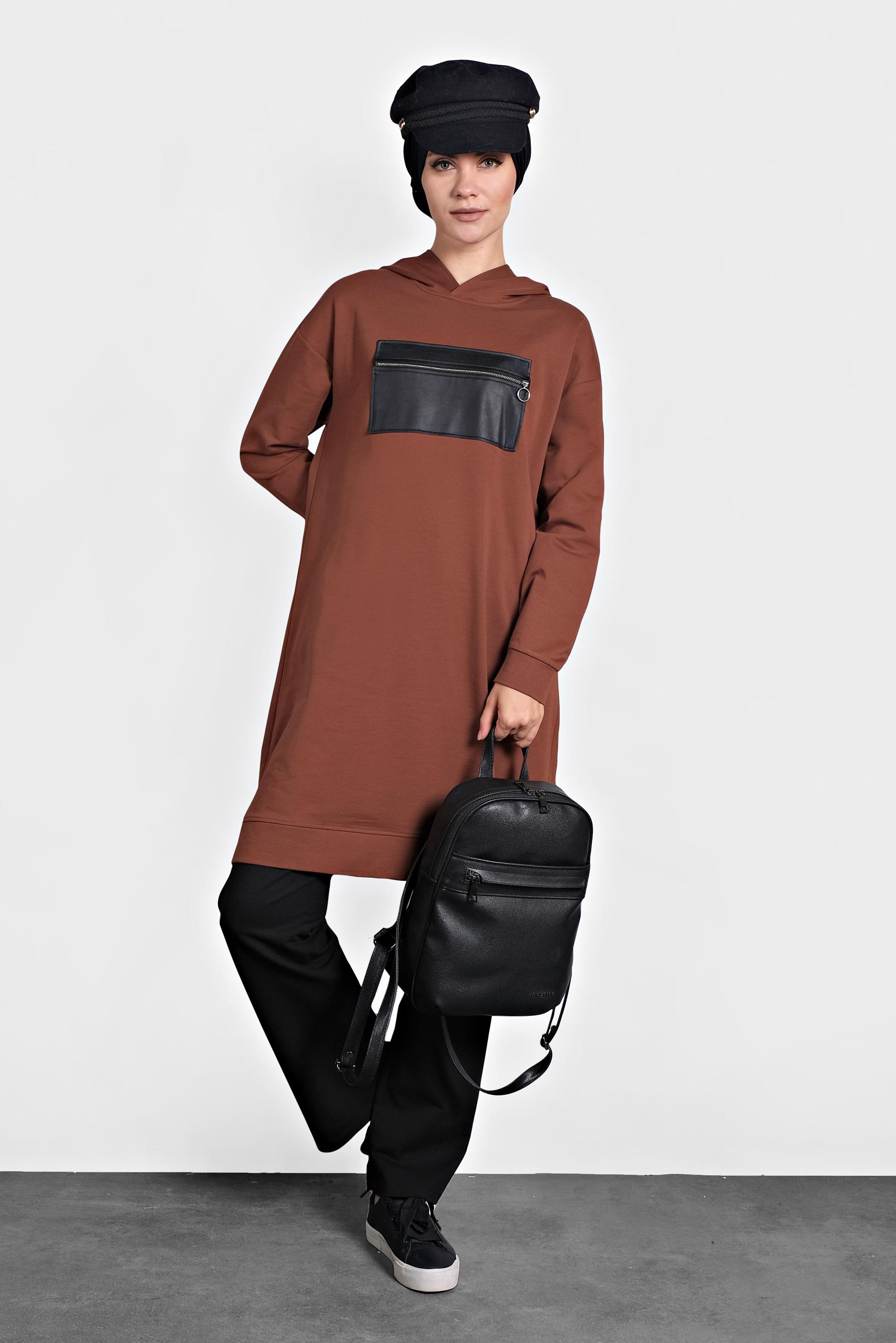 Tesettür giyim TURUNCU ÖNÜ CEPLİ KAPÜŞONLU EŞOFMAN TAKIMI 40100