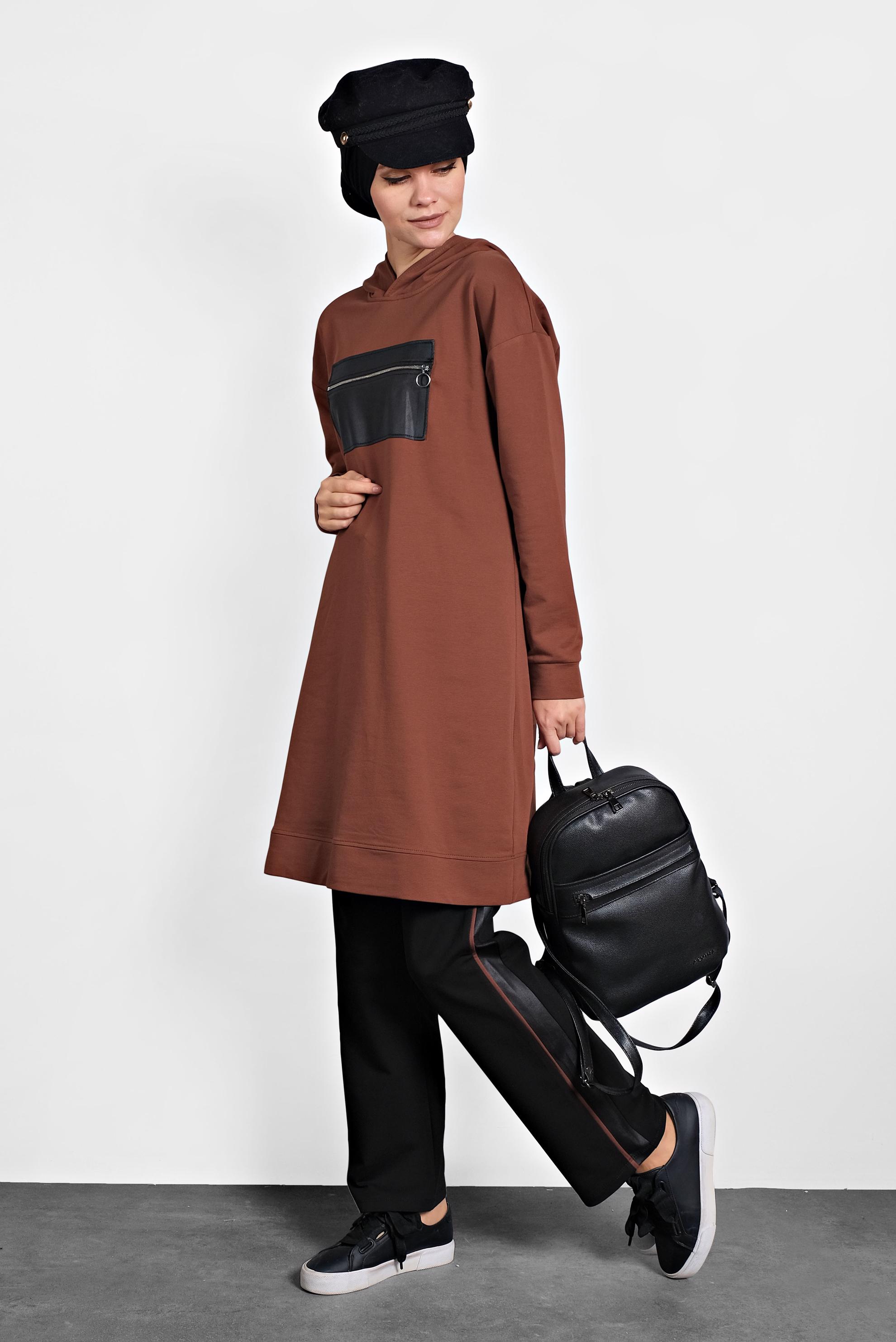 Tesettür giyim TURUNCU ÖNÜ CEPLİ KAPÜŞONLU EŞOFMAN TAKIMI 40100