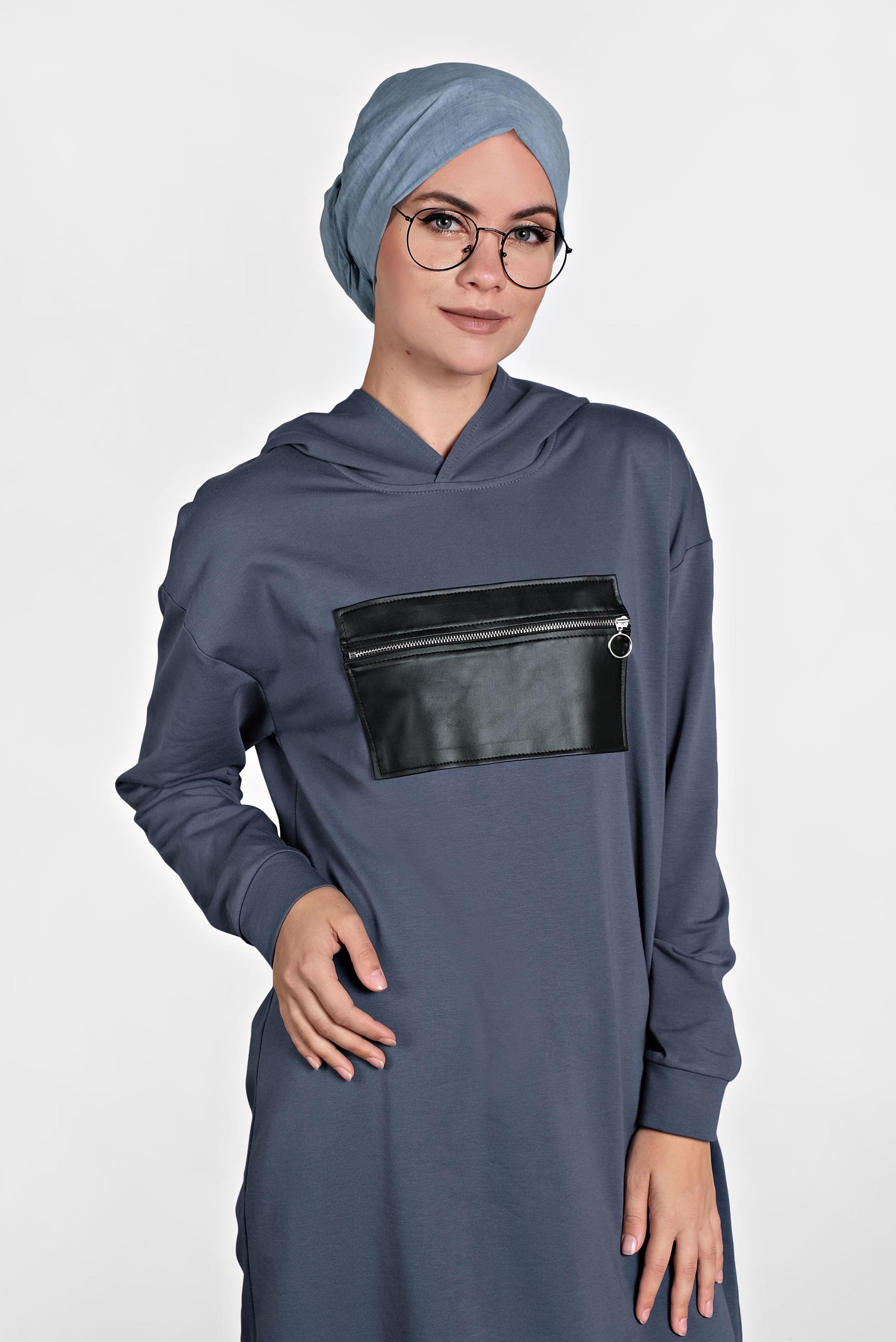 Tesettür giyim LACİVERT ÖNÜ CEPLİ KAPÜŞONLU EŞOFMAN TAKIMI 40100