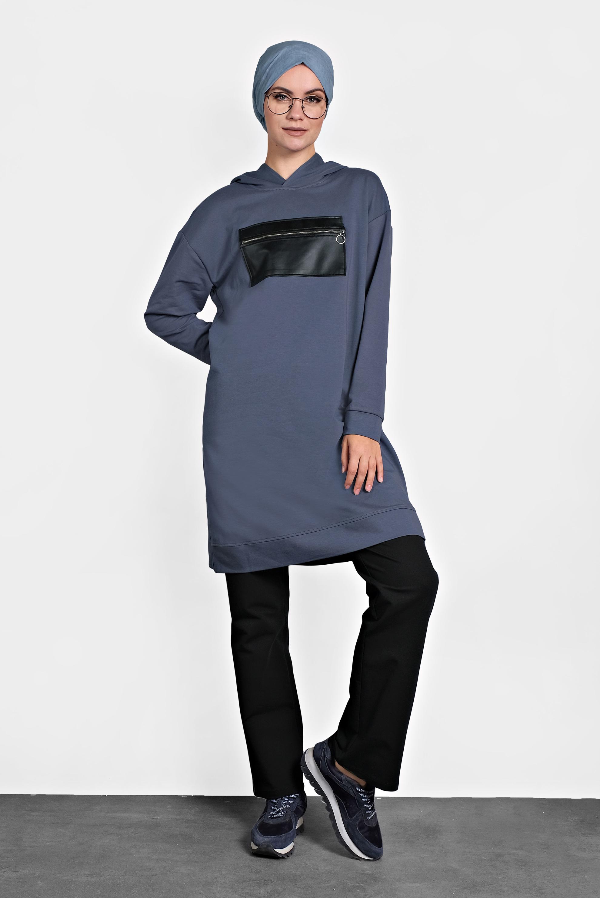 Tesettür giyim LACİVERT ÖNÜ CEPLİ KAPÜŞONLU EŞOFMAN TAKIMI 40100