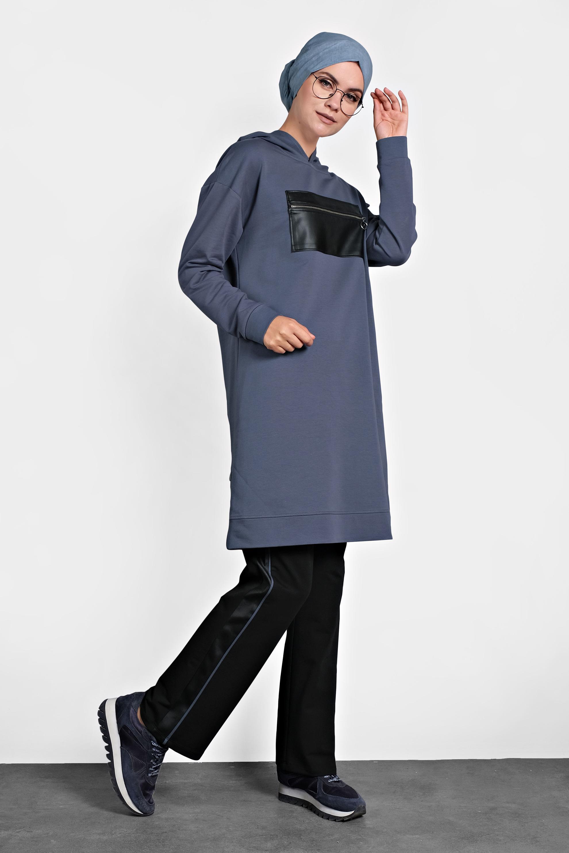 Tesettür giyim LACİVERT ÖNÜ CEPLİ KAPÜŞONLU EŞOFMAN TAKIMI 40100