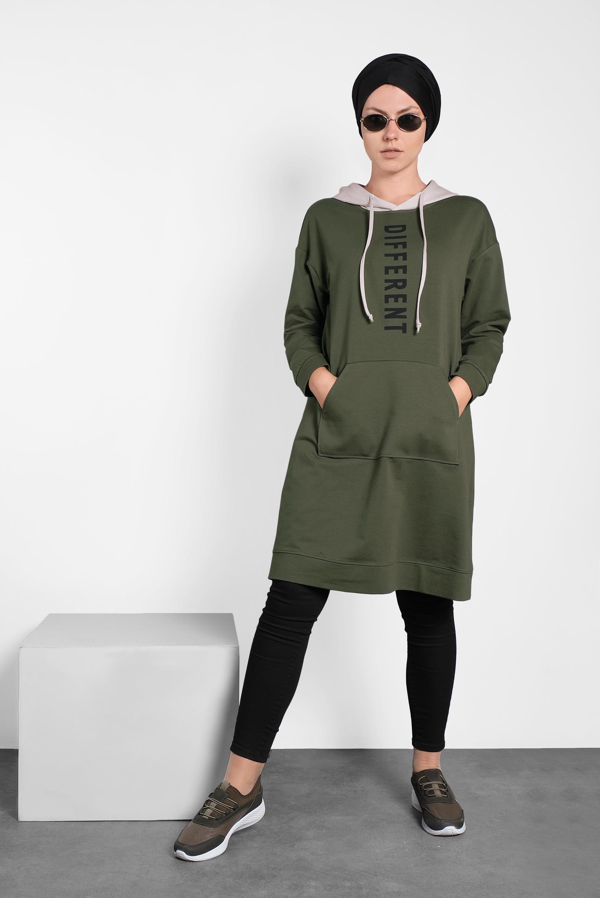 Tesettür giyim HAKİ KAPÜŞONLU EŞOFMAN TUNİK 40105