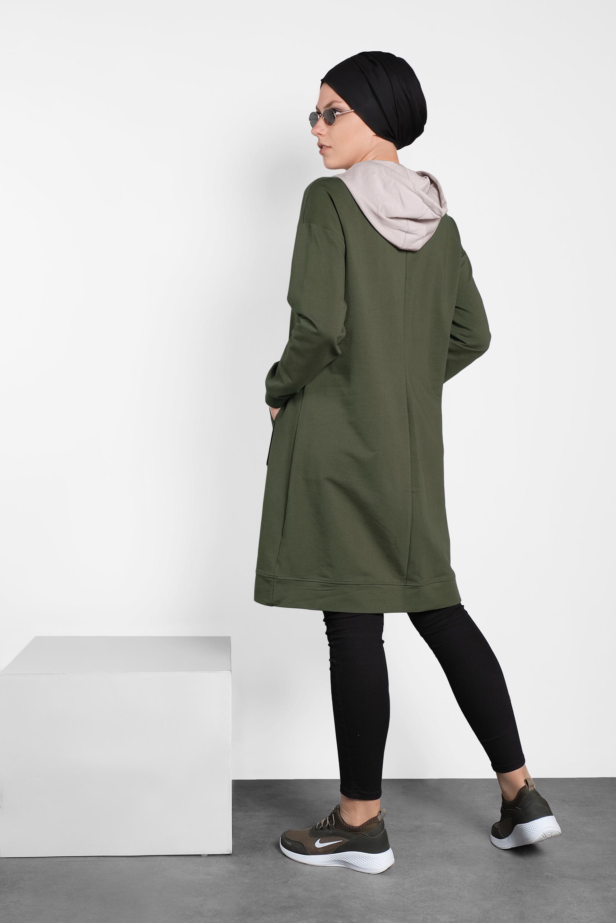 Tesettür giyim HAKİ KAPÜŞONLU EŞOFMAN TUNİK 40105