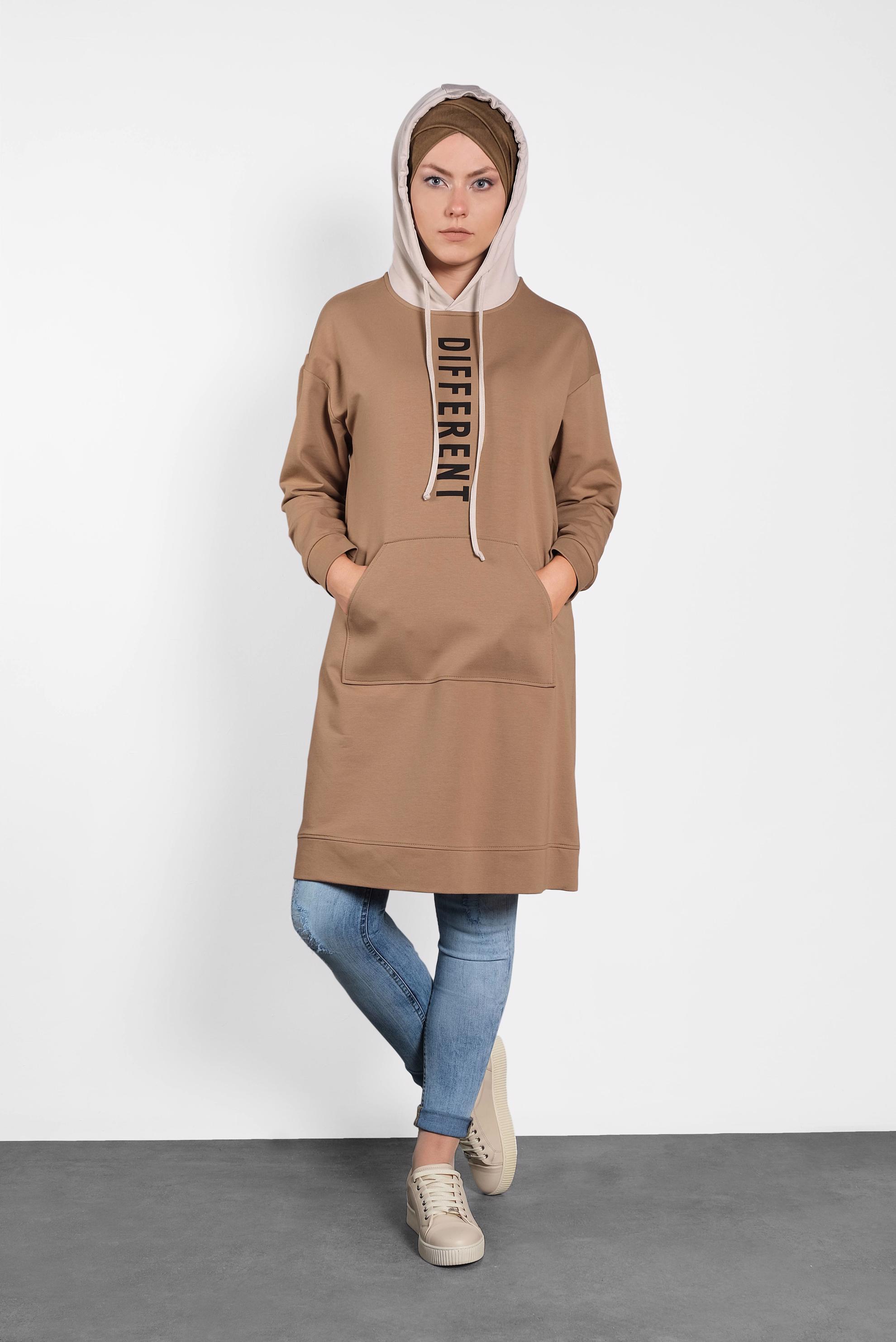 Tesettür giyim TABA KAPÜŞONLU EŞOFMAN TUNİK 40105