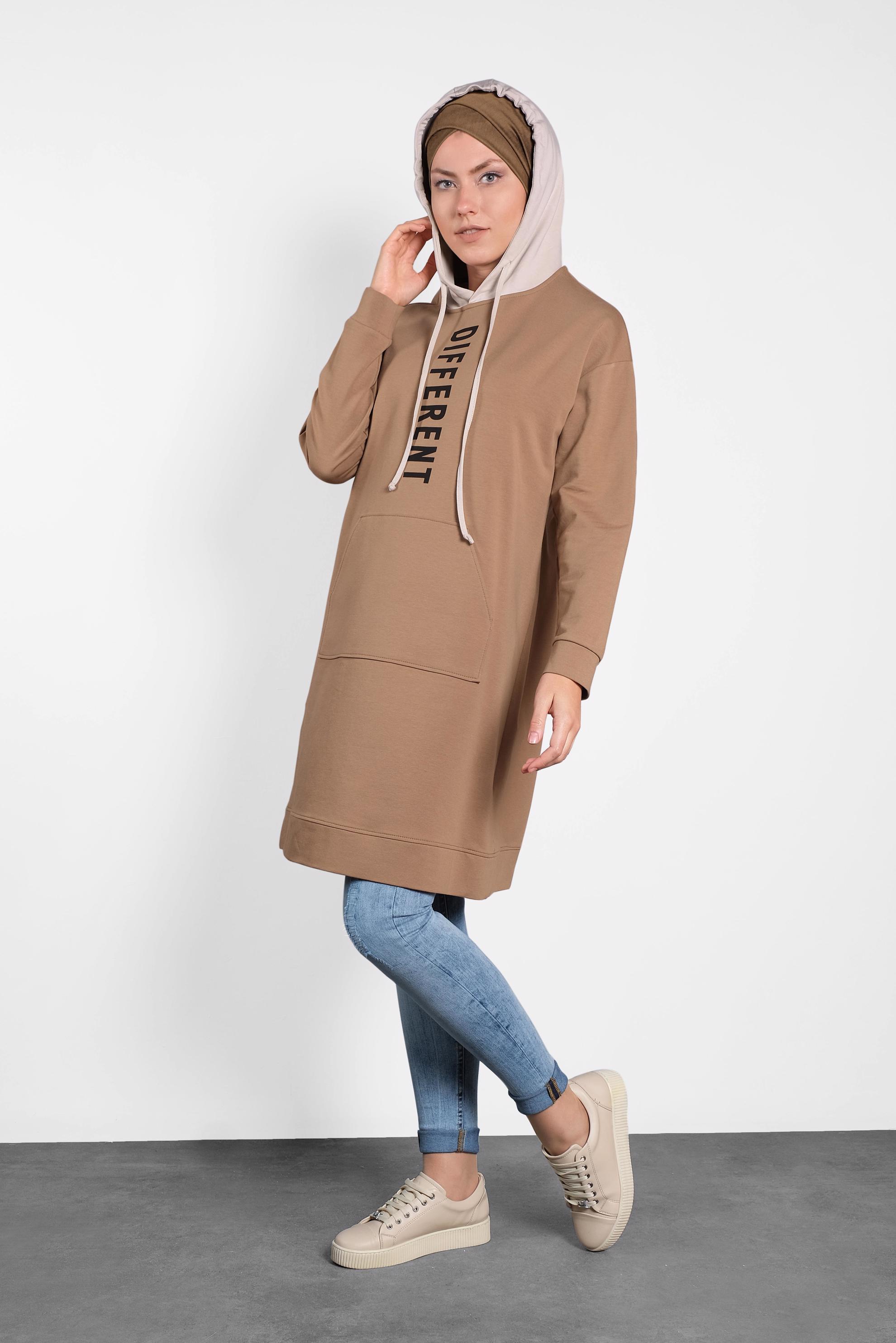 Tesettür giyim TABA KAPÜŞONLU EŞOFMAN TUNİK 40105