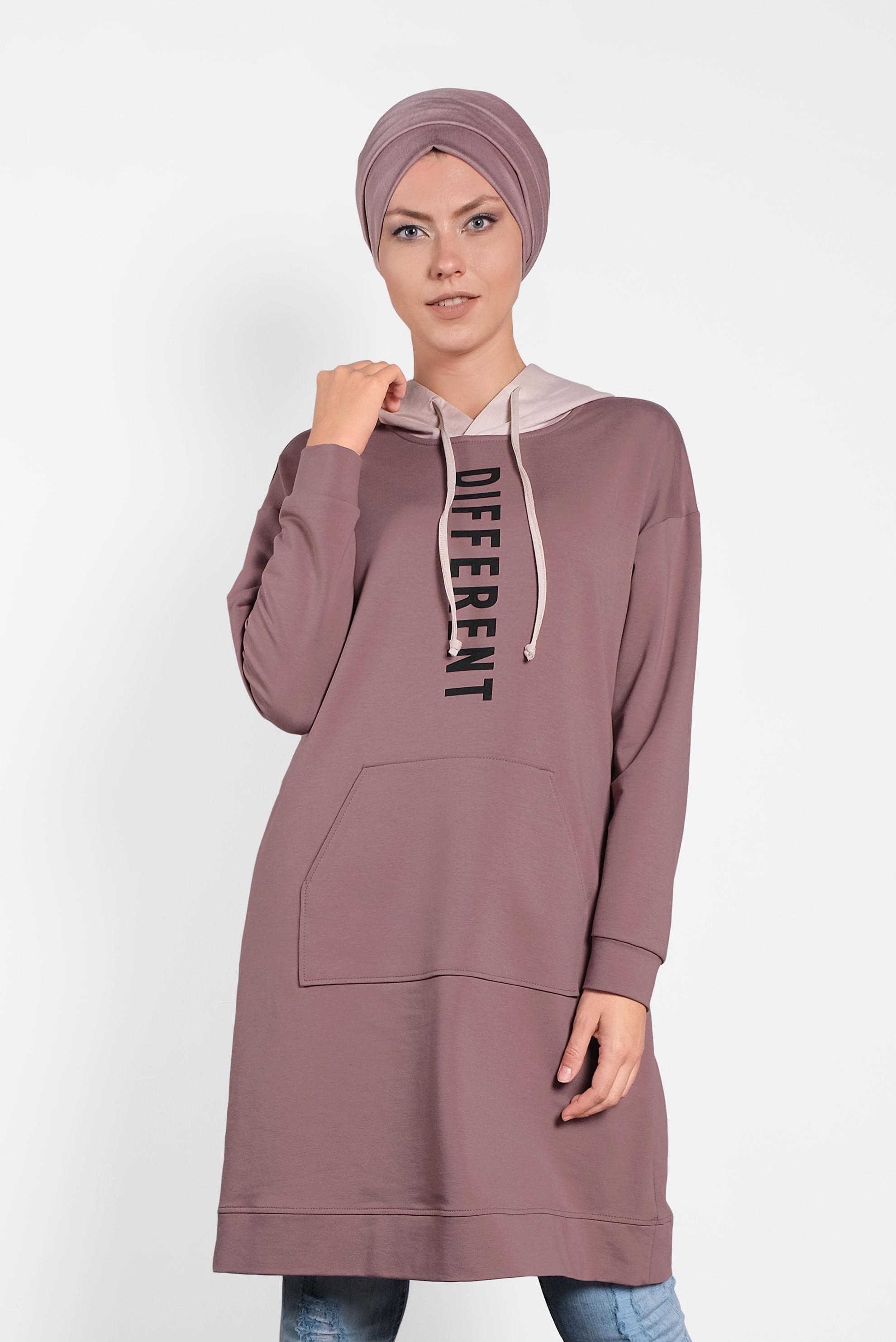 Tesettür giyim PEMBE KAPÜŞONLU EŞOFMAN TUNİK 40105