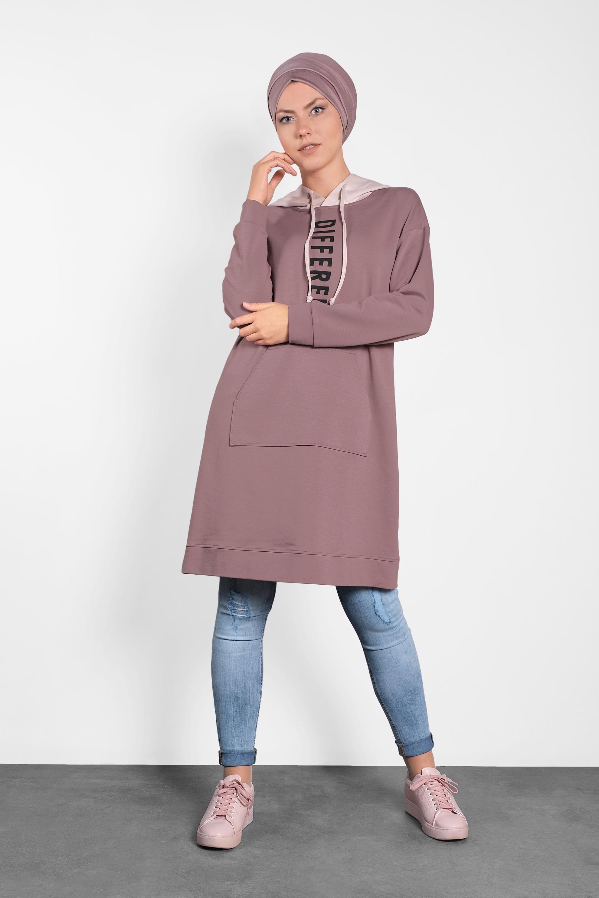 Tesettür giyim PEMBE KAPÜŞONLU EŞOFMAN TUNİK 40105