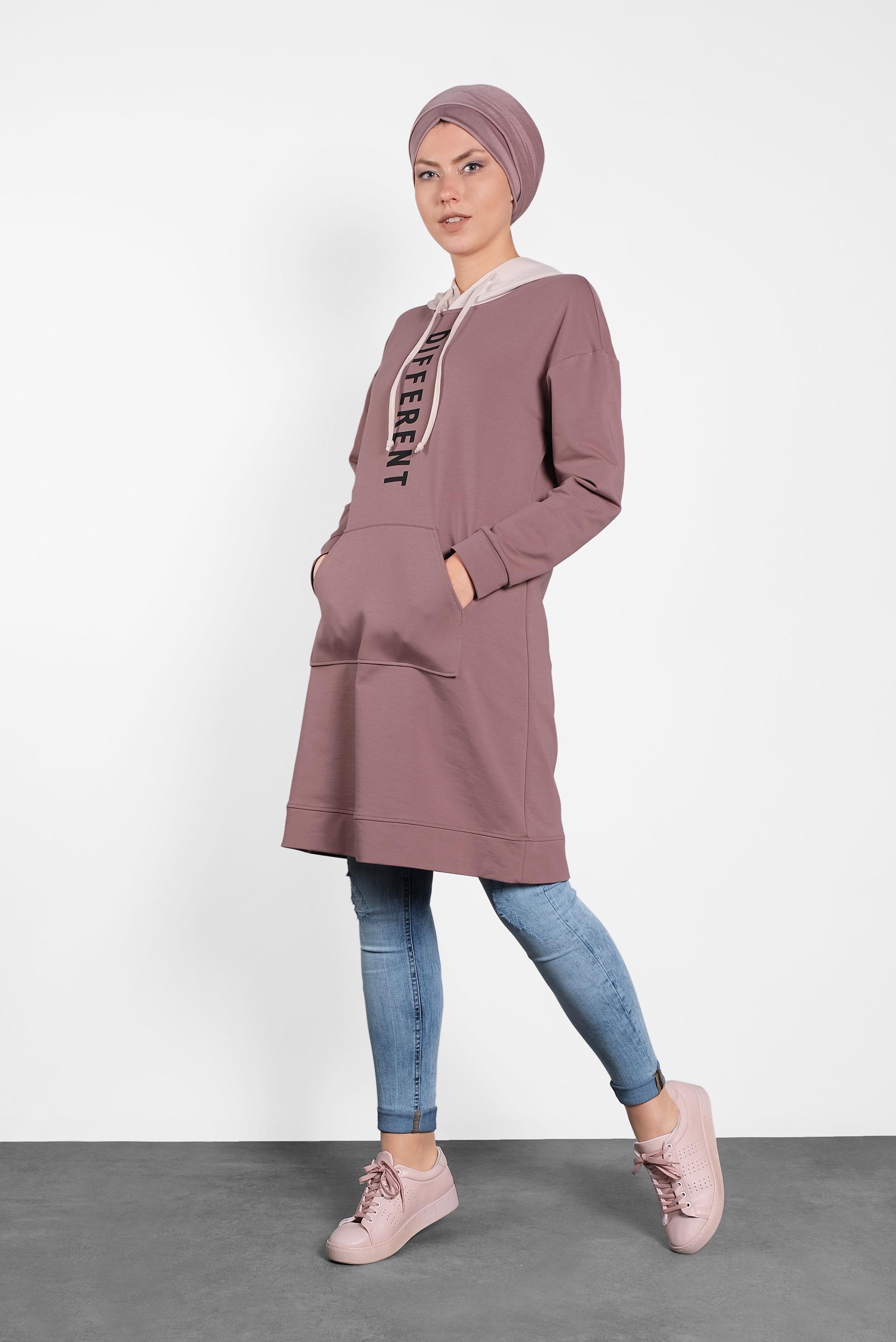 Tesettür giyim PEMBE KAPÜŞONLU EŞOFMAN TUNİK 40105