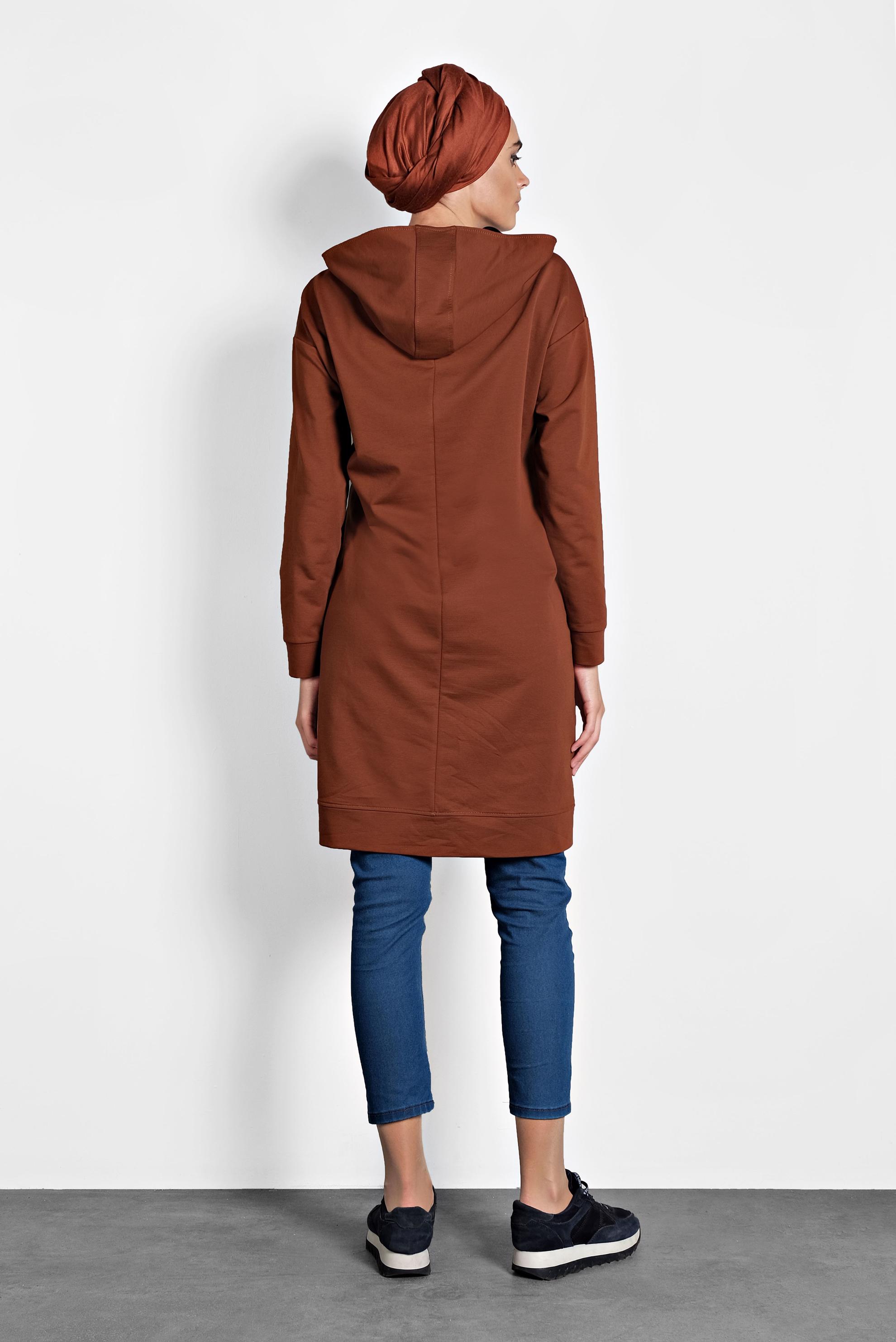 Tesettür giyim TURUNCU NAKIŞLI KAPÜŞONLU EŞOFMAN TUNİK 40125 