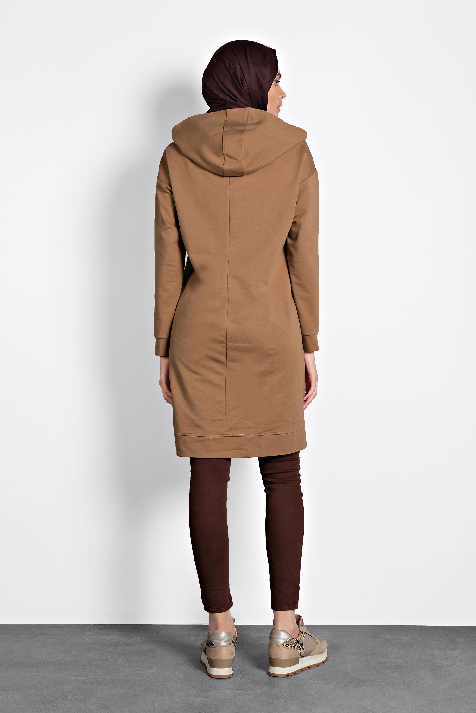 Tesettür giyim TABA NAKIŞLI KAPÜŞONLU EŞOFMAN TUNİK 40125 