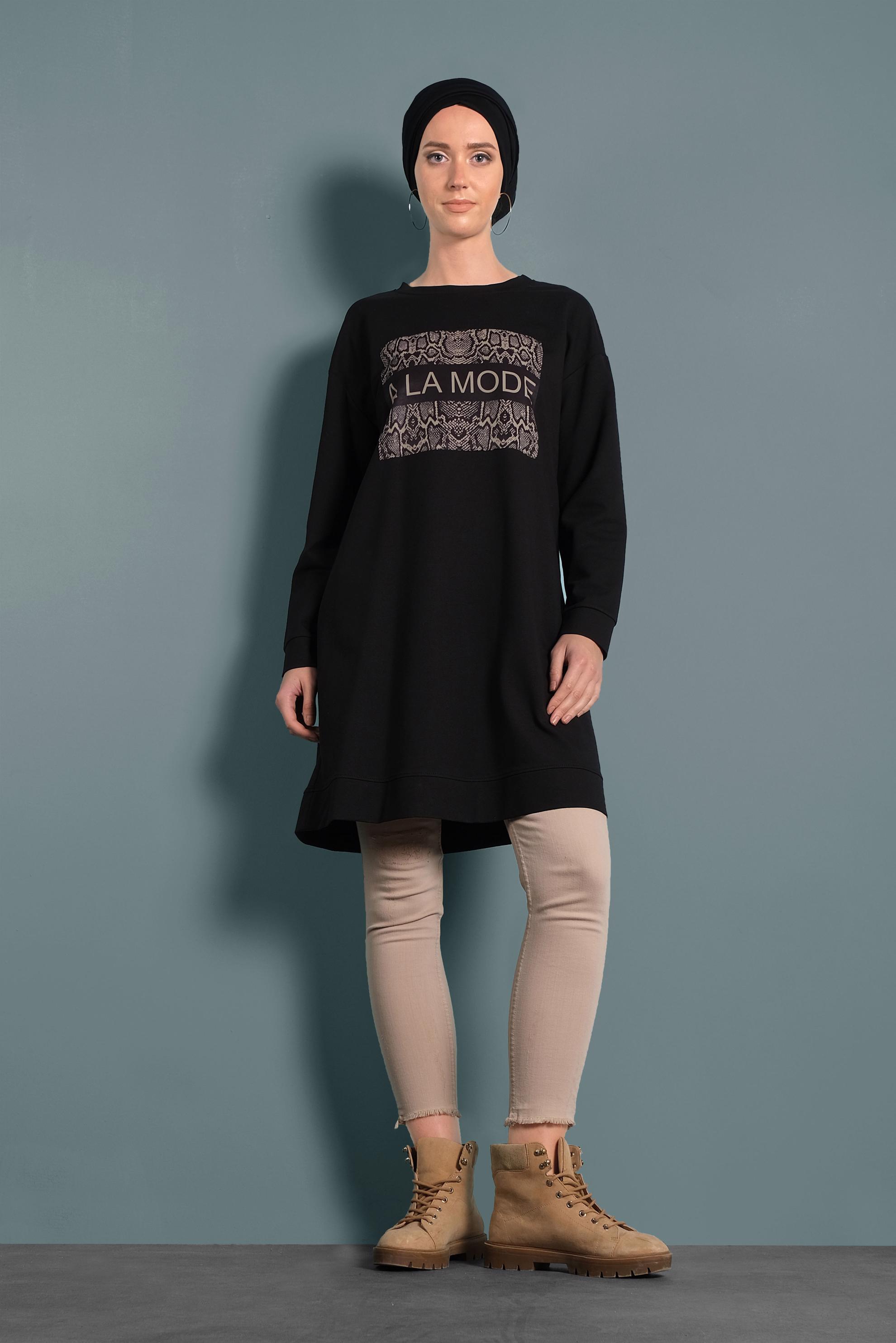 Tesettür giyim SİYAH BASKILI EŞOFMAN TUNİK 40157