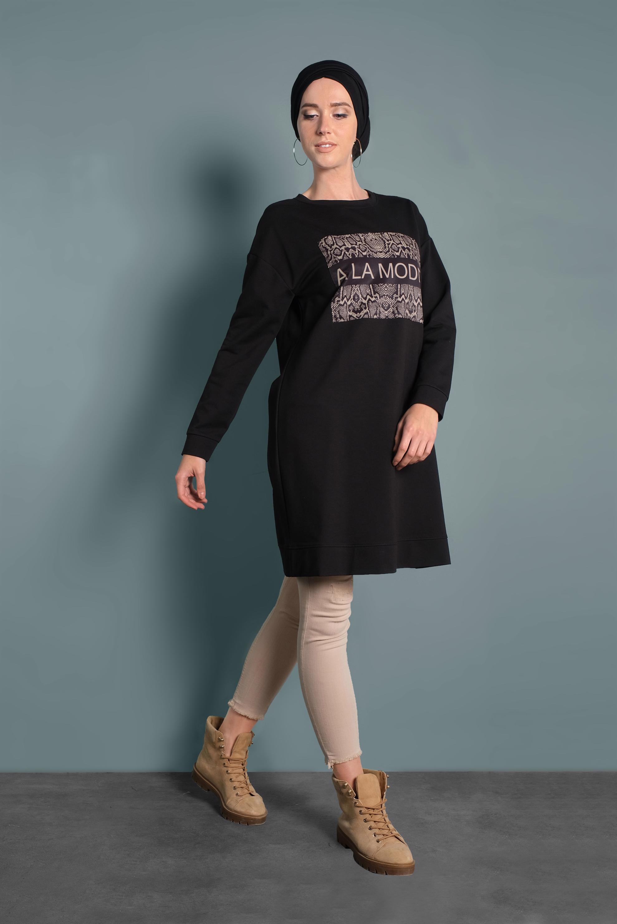 Tesettür giyim SİYAH BASKILI EŞOFMAN TUNİK 40157