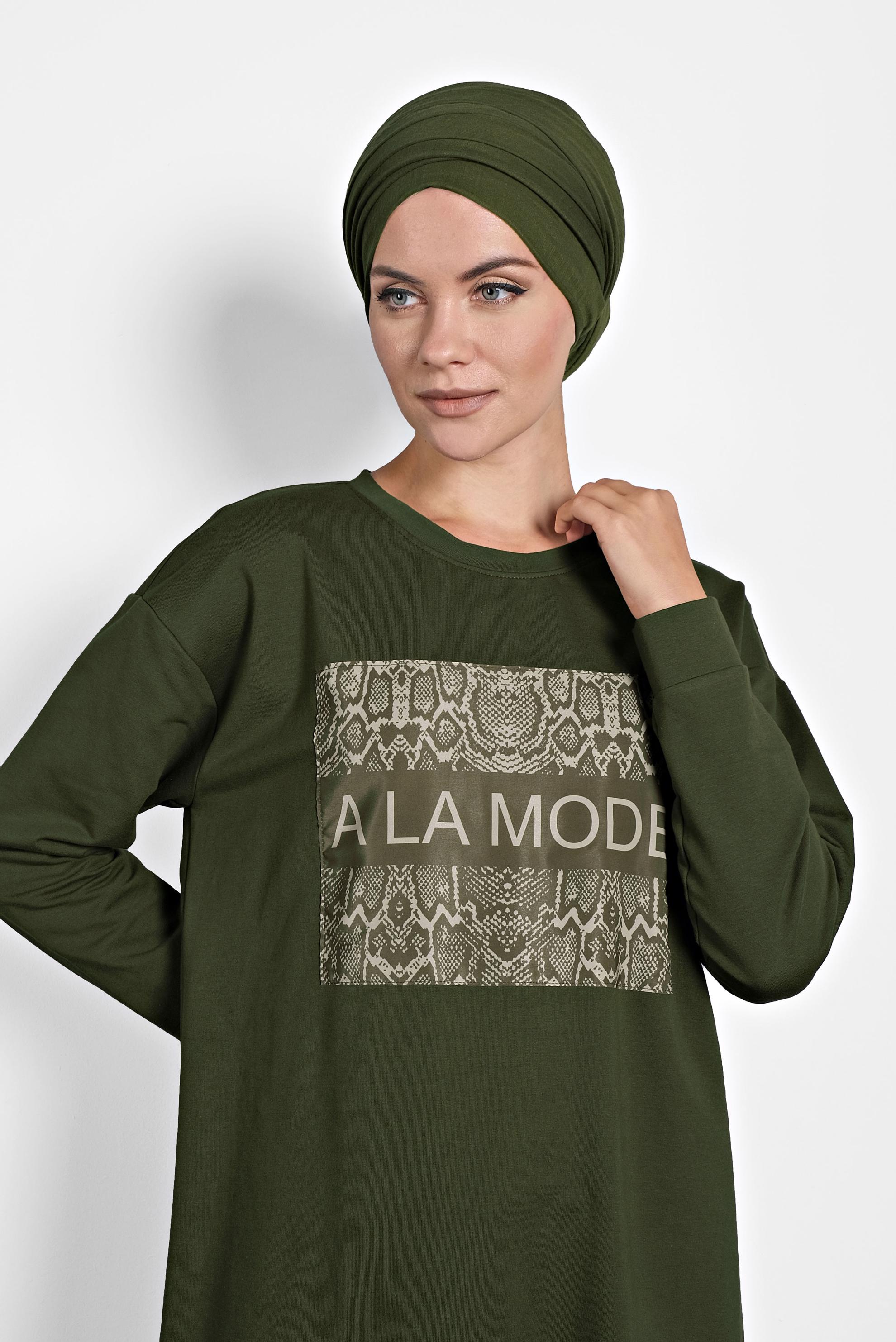 Tesettür giyim HAKİ BASKILI EŞOFMAN TUNİK 40157