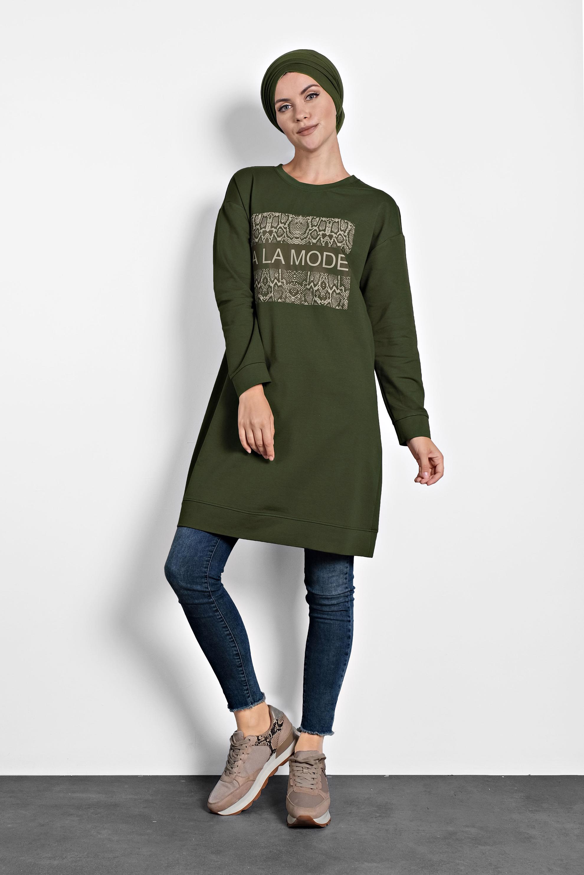 Tesettür giyim HAKİ BASKILI EŞOFMAN TUNİK 40157