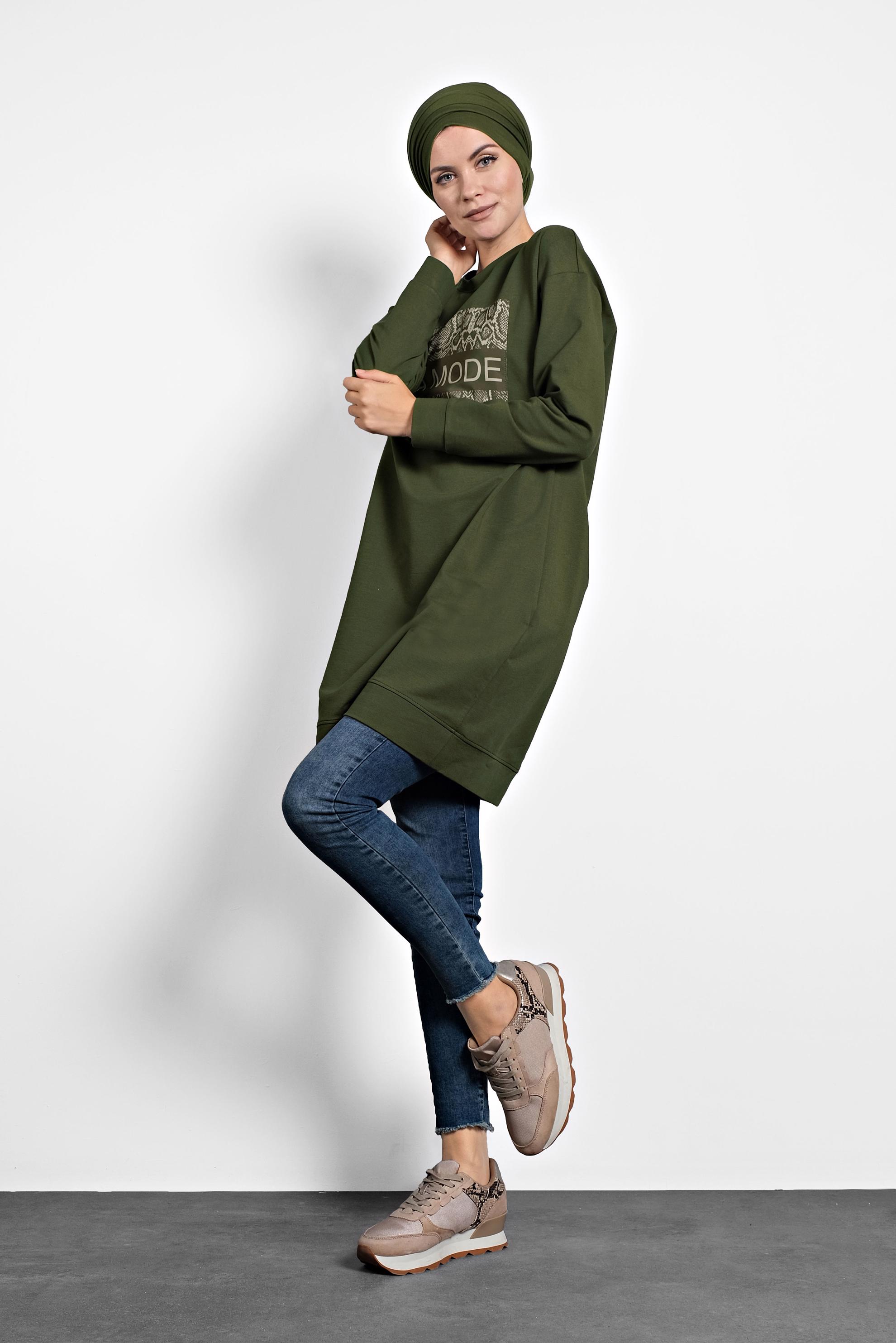 Tesettür giyim HAKİ BASKILI EŞOFMAN TUNİK 40157