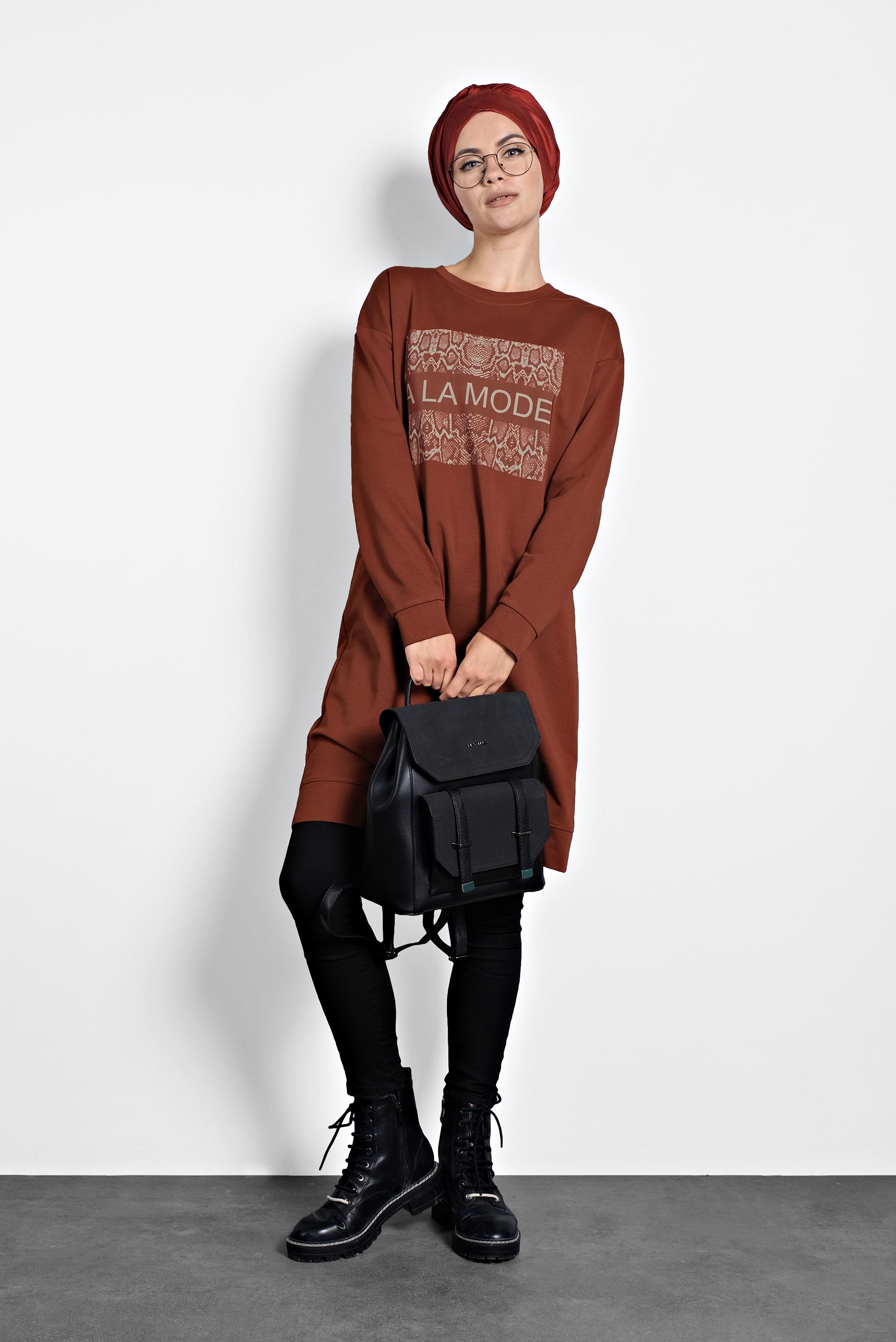 Tesettür giyim TURUNCU BASKILI EŞOFMAN TUNİK 40157