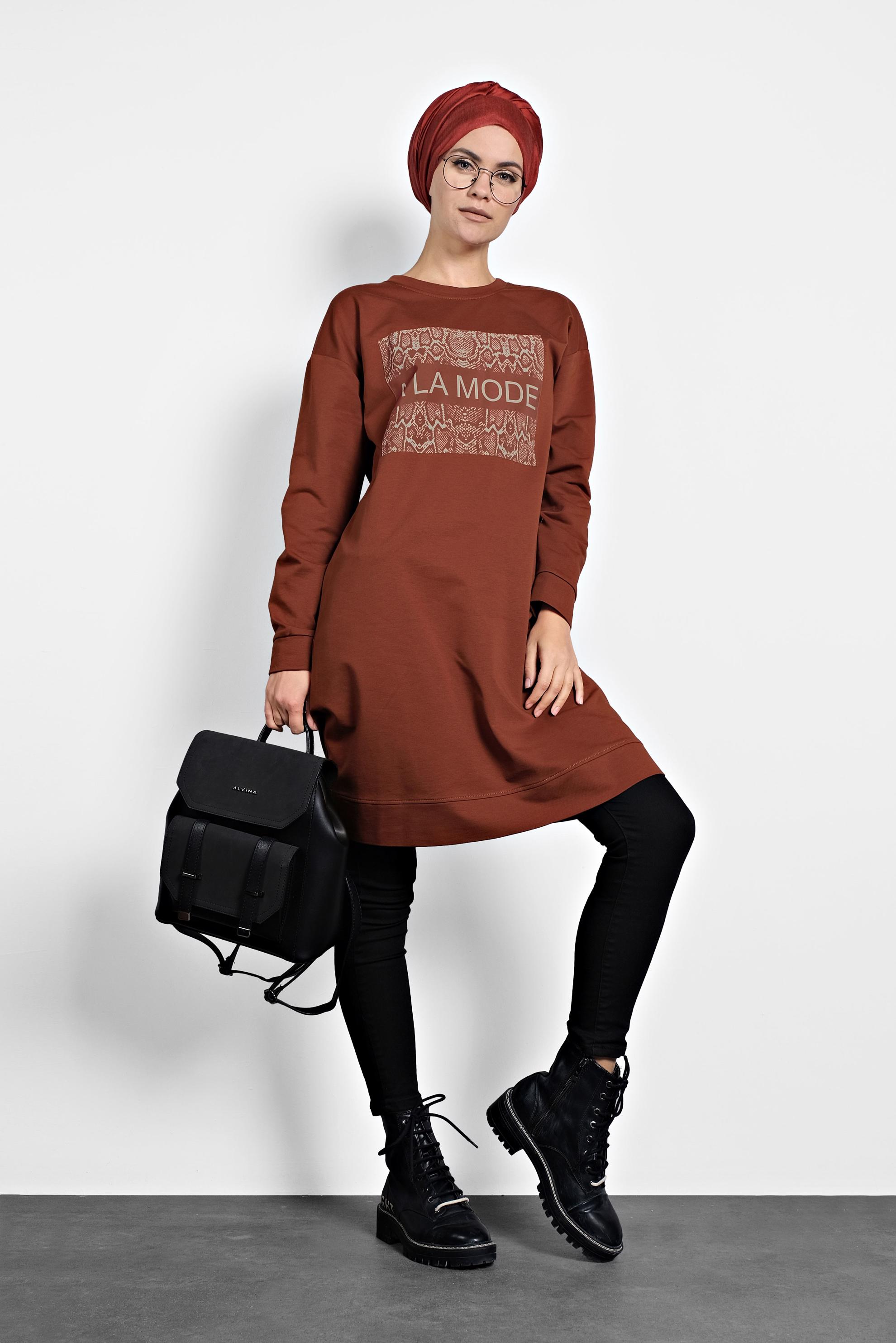 Tesettür giyim TURUNCU BASKILI EŞOFMAN TUNİK 40157