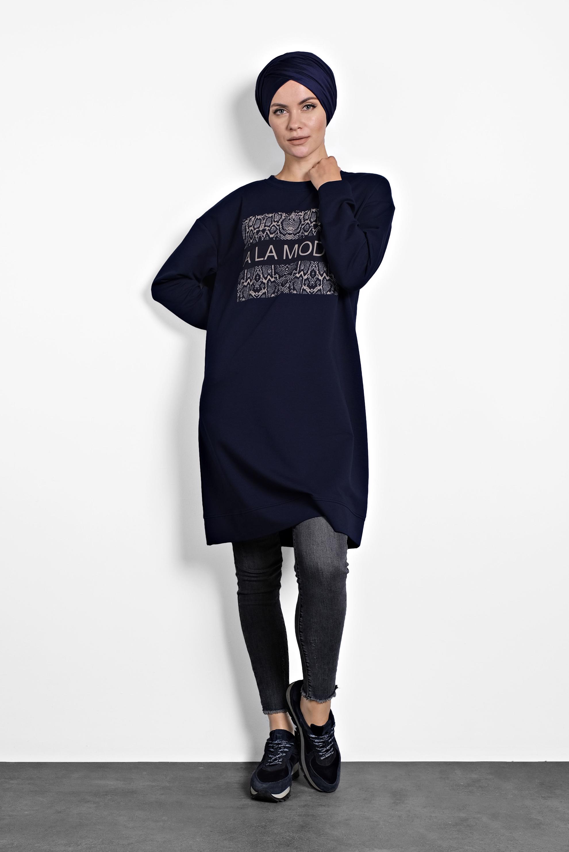 Tesettür giyim LACİVERT BASKILI EŞOFMAN TUNİK 40157