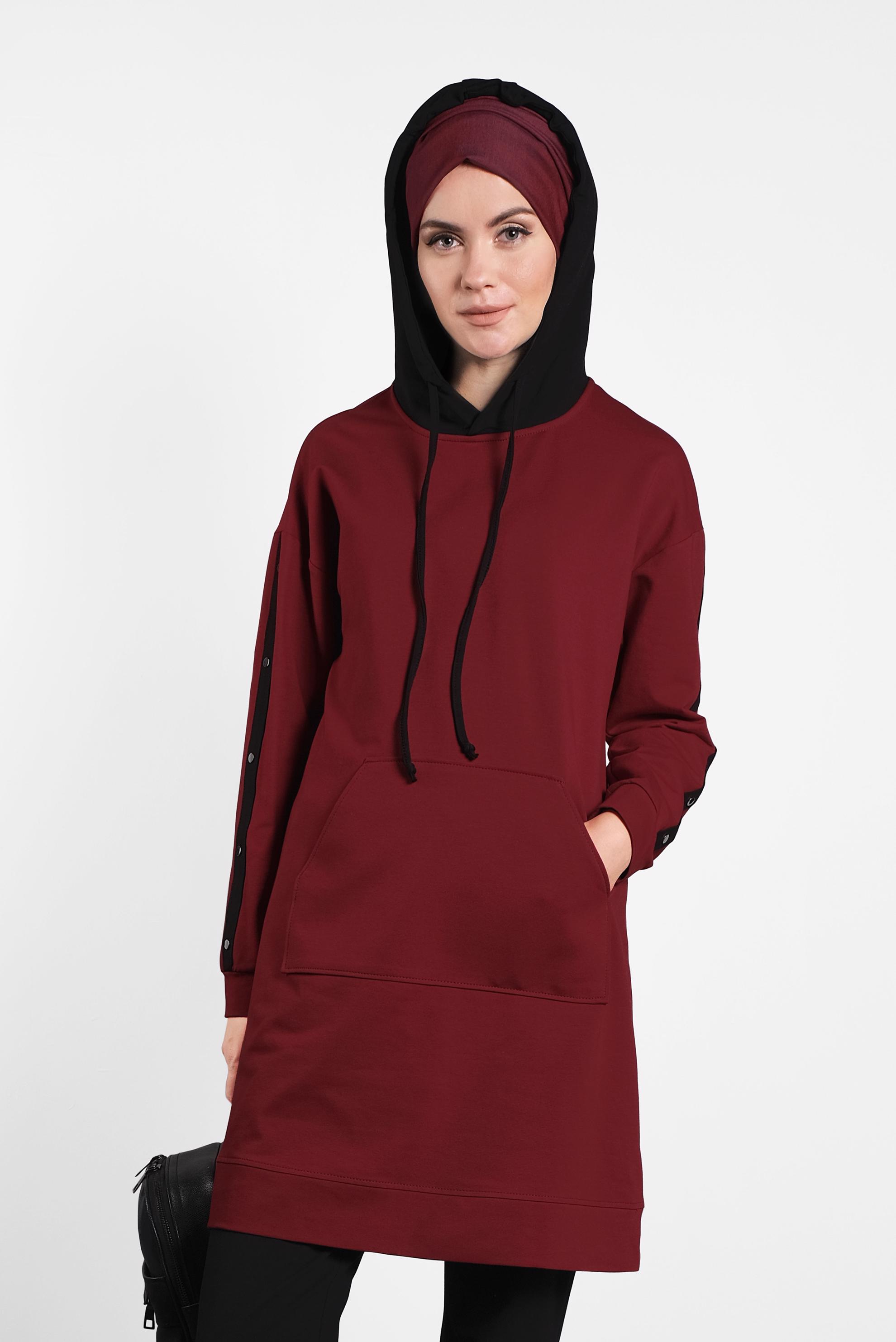Tesettür giyim BORDO CEPLİ KAPÜŞONLU EŞOFMAN TAKIMI 40161 