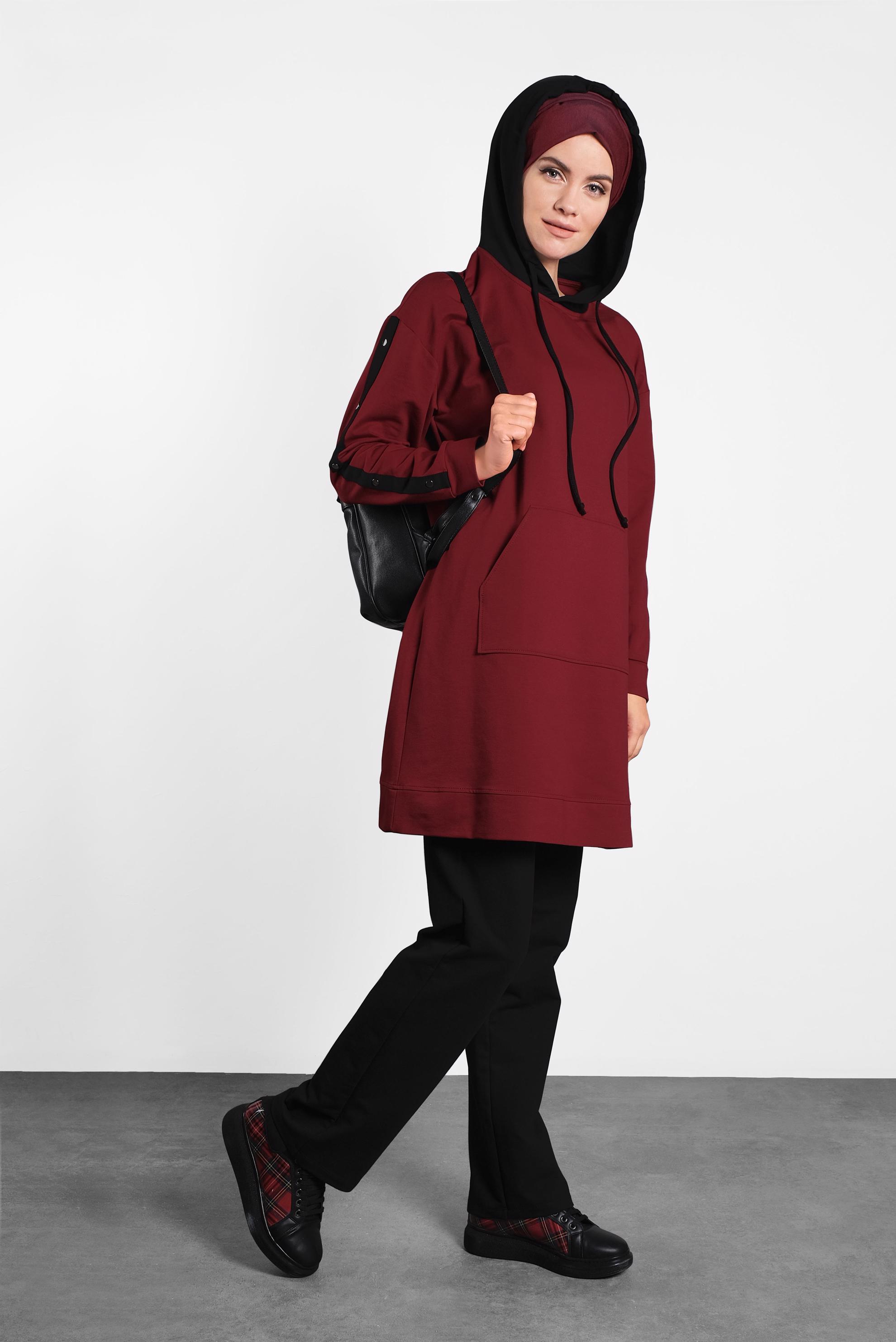 Tesettür giyim BORDO CEPLİ KAPÜŞONLU EŞOFMAN TAKIMI 40161 