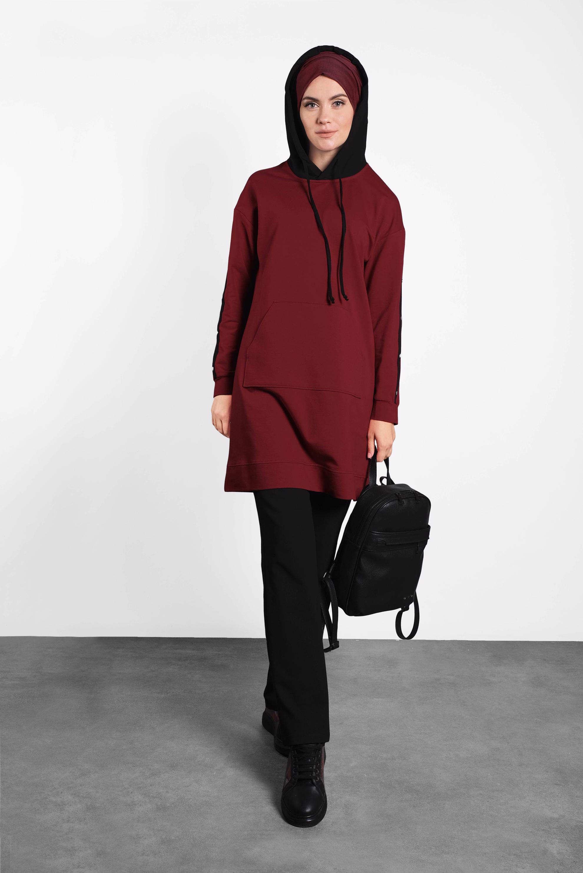 Tesettür giyim BORDO CEPLİ KAPÜŞONLU EŞOFMAN TAKIMI 40161 