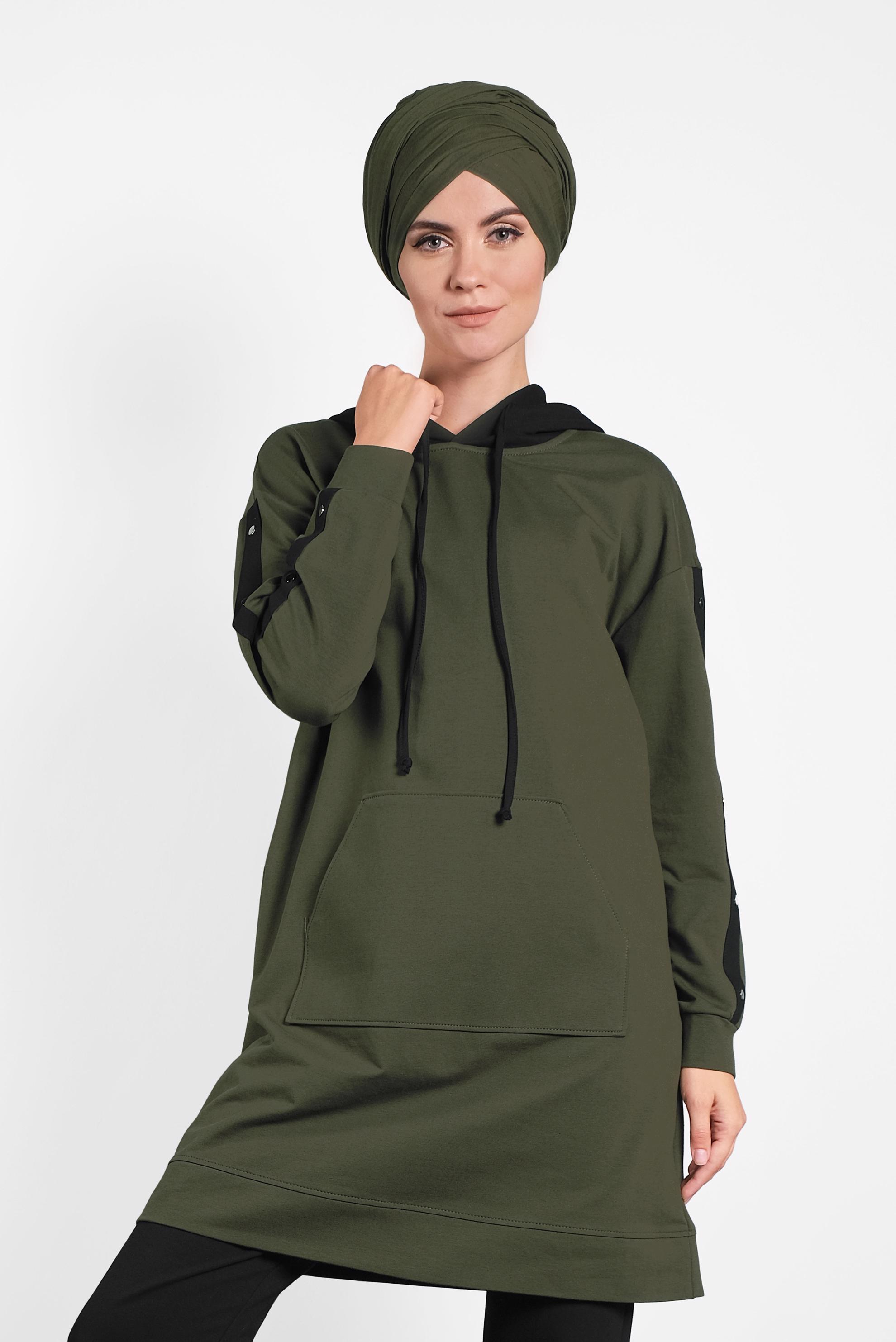 Tesettür giyim HAKİ CEPLİ KAPÜŞONLU EŞOFMAN TAKIMI 40161 