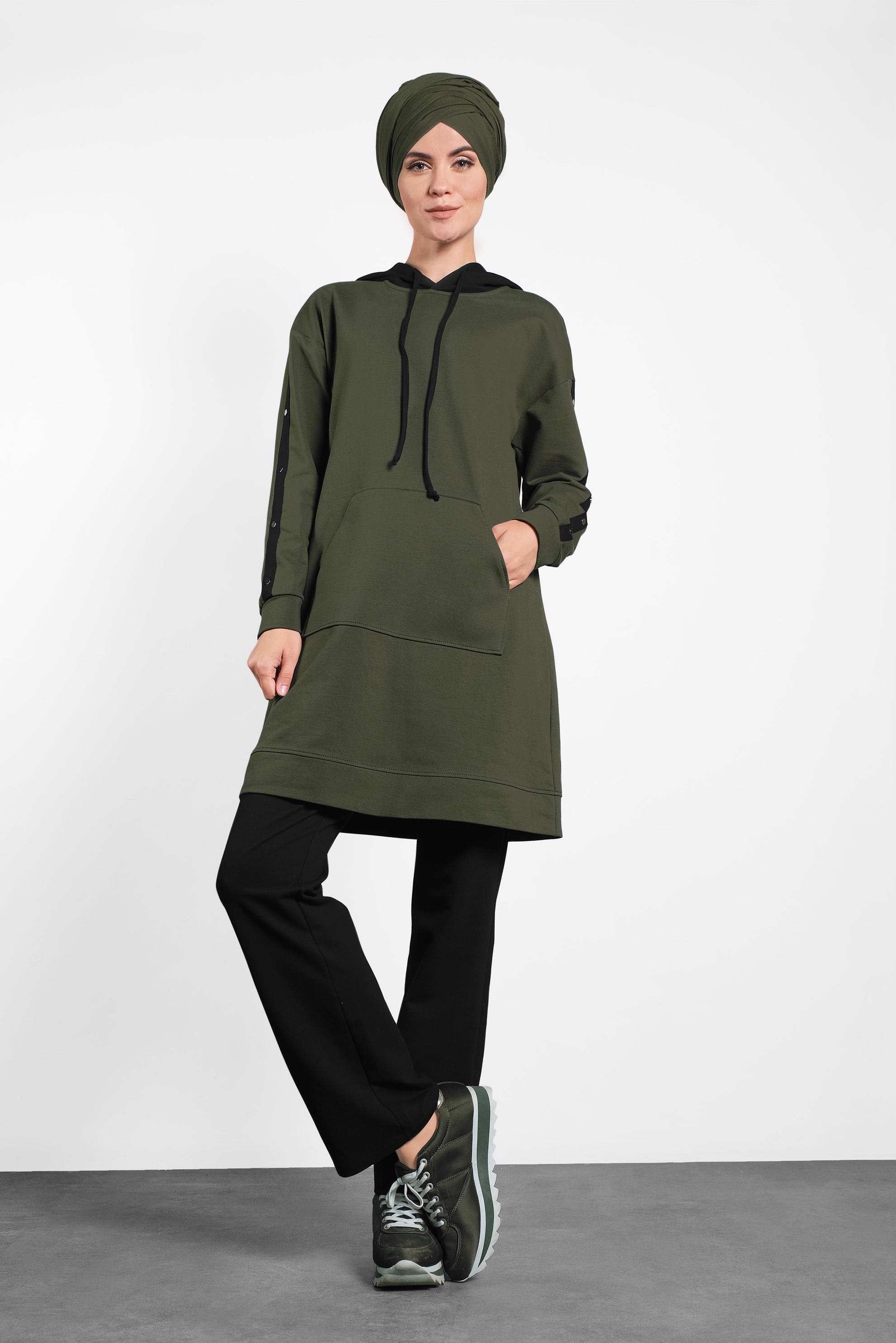 Tesettür giyim HAKİ CEPLİ KAPÜŞONLU EŞOFMAN TAKIMI 40161 