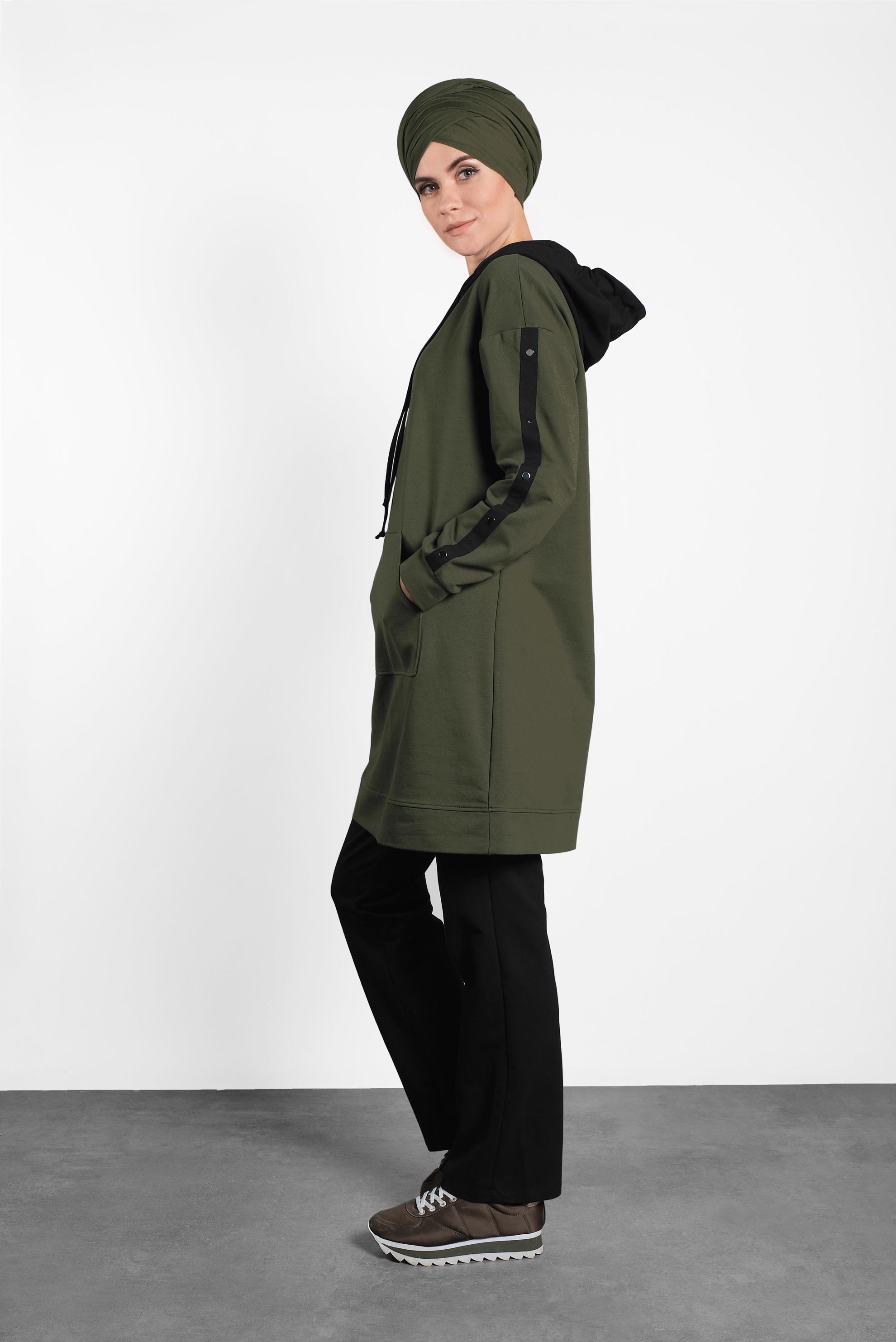 Tesettür giyim HAKİ CEPLİ KAPÜŞONLU EŞOFMAN TAKIMI 40161 