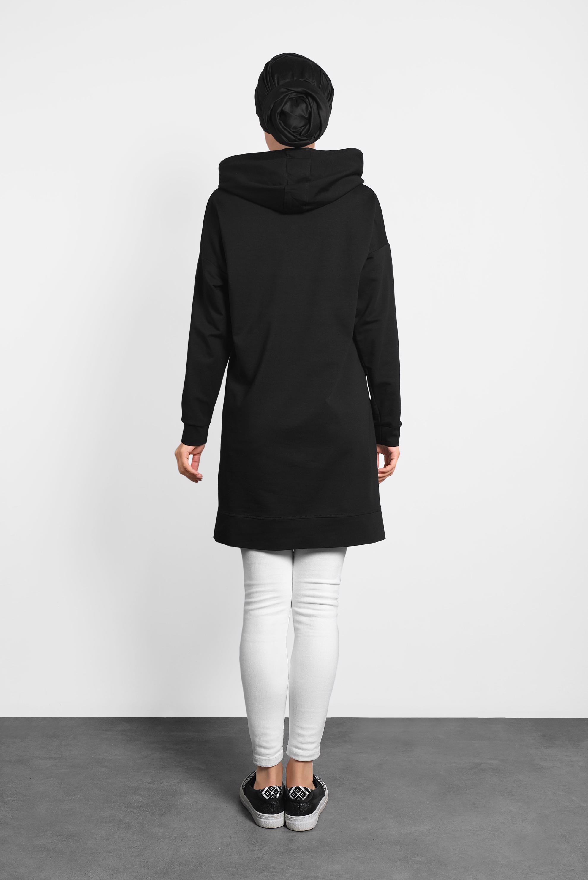 Tesettür giyim SİYAH ÖNÜ BASKILI KAPÜŞONLU  EŞOFMAN TUNİK 40163 