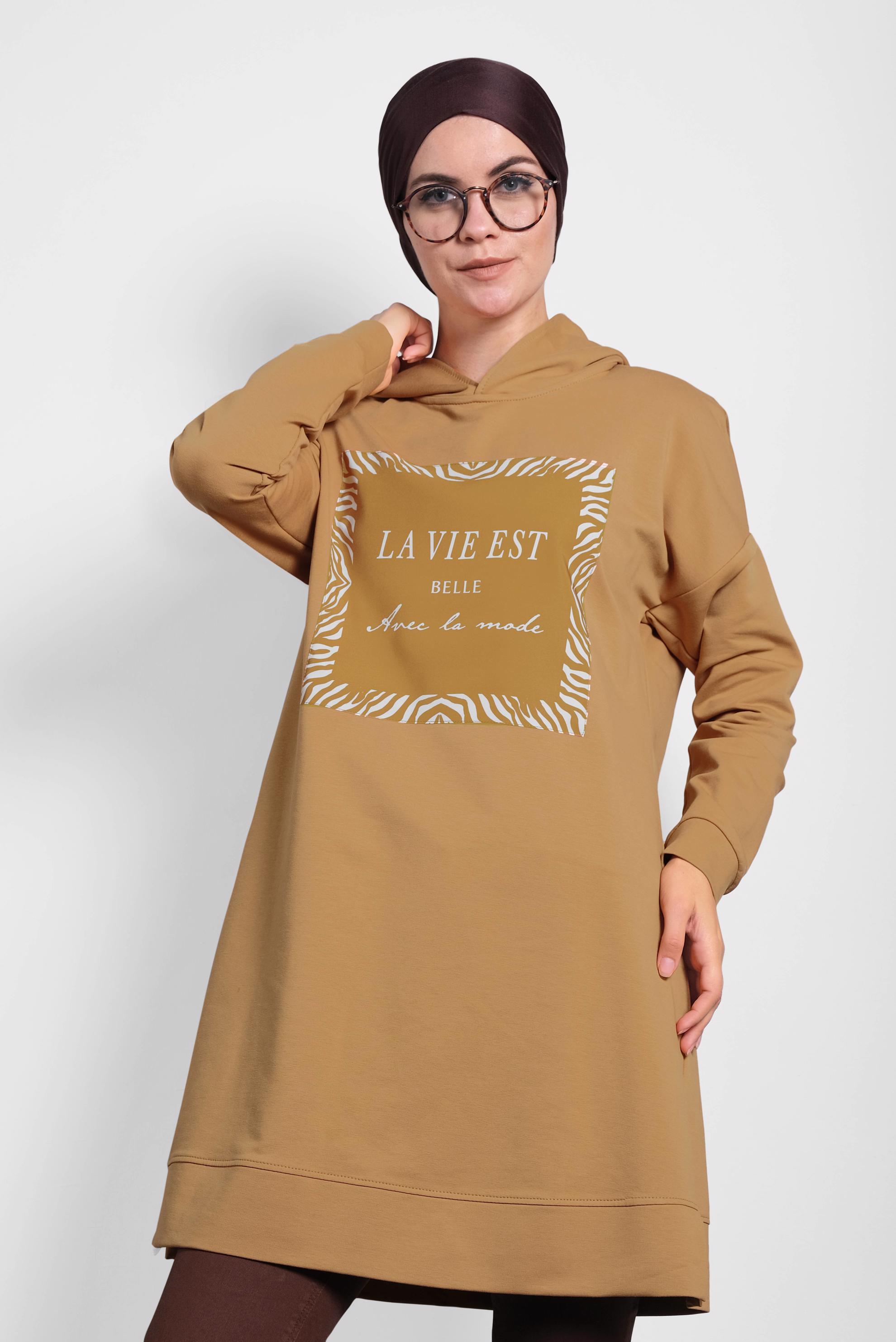 Tesettür giyim SARI ÖNÜ BASKILI KAPÜŞONLU  EŞOFMAN TUNİK 40163 