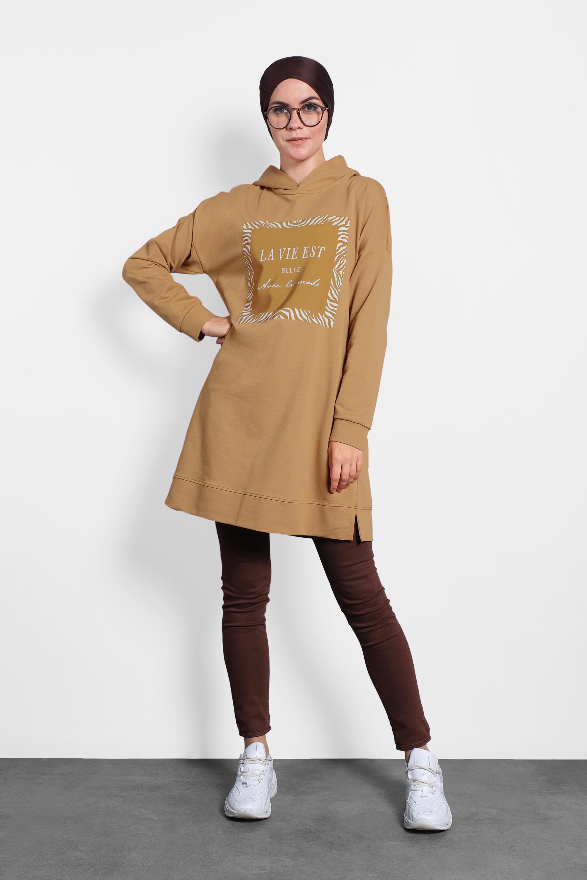 Tesettür giyim SARI ÖNÜ BASKILI KAPÜŞONLU  EŞOFMAN TUNİK 40163 