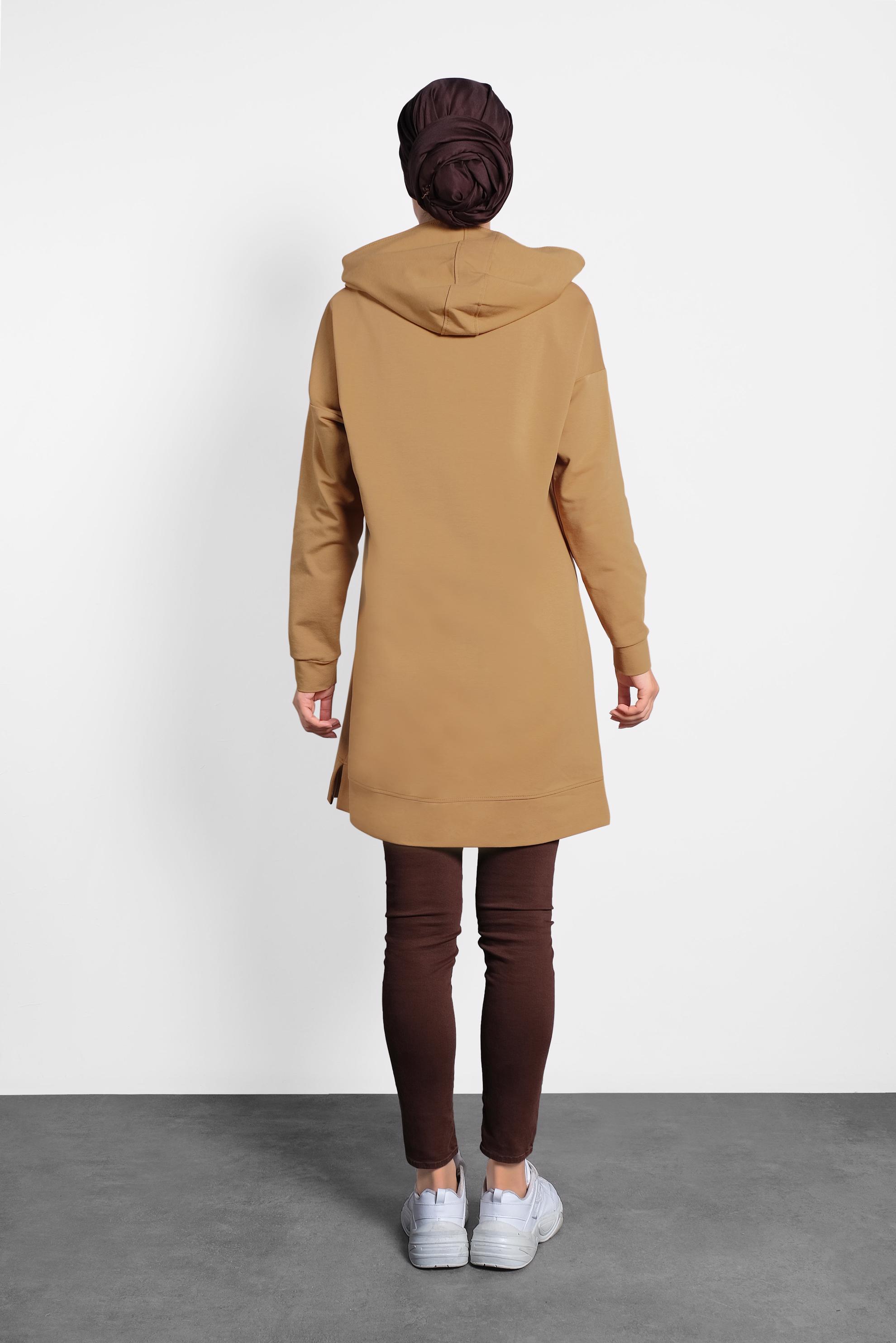 Tesettür giyim SARI ÖNÜ BASKILI KAPÜŞONLU  EŞOFMAN TUNİK 40163 