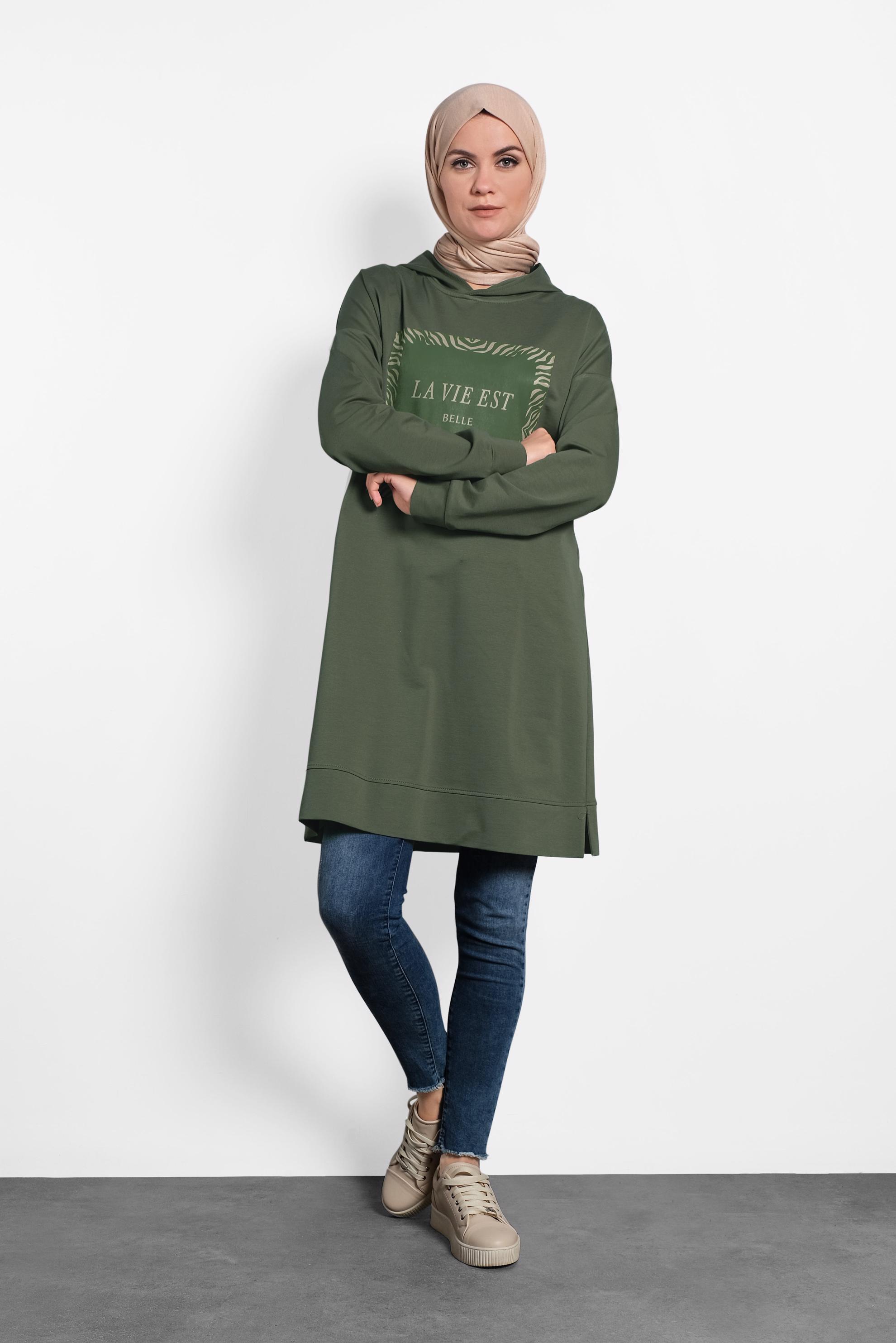 Tesettür giyim HAKİ ÖNÜ BASKILI KAPÜŞONLU  EŞOFMAN TUNİK 40163 