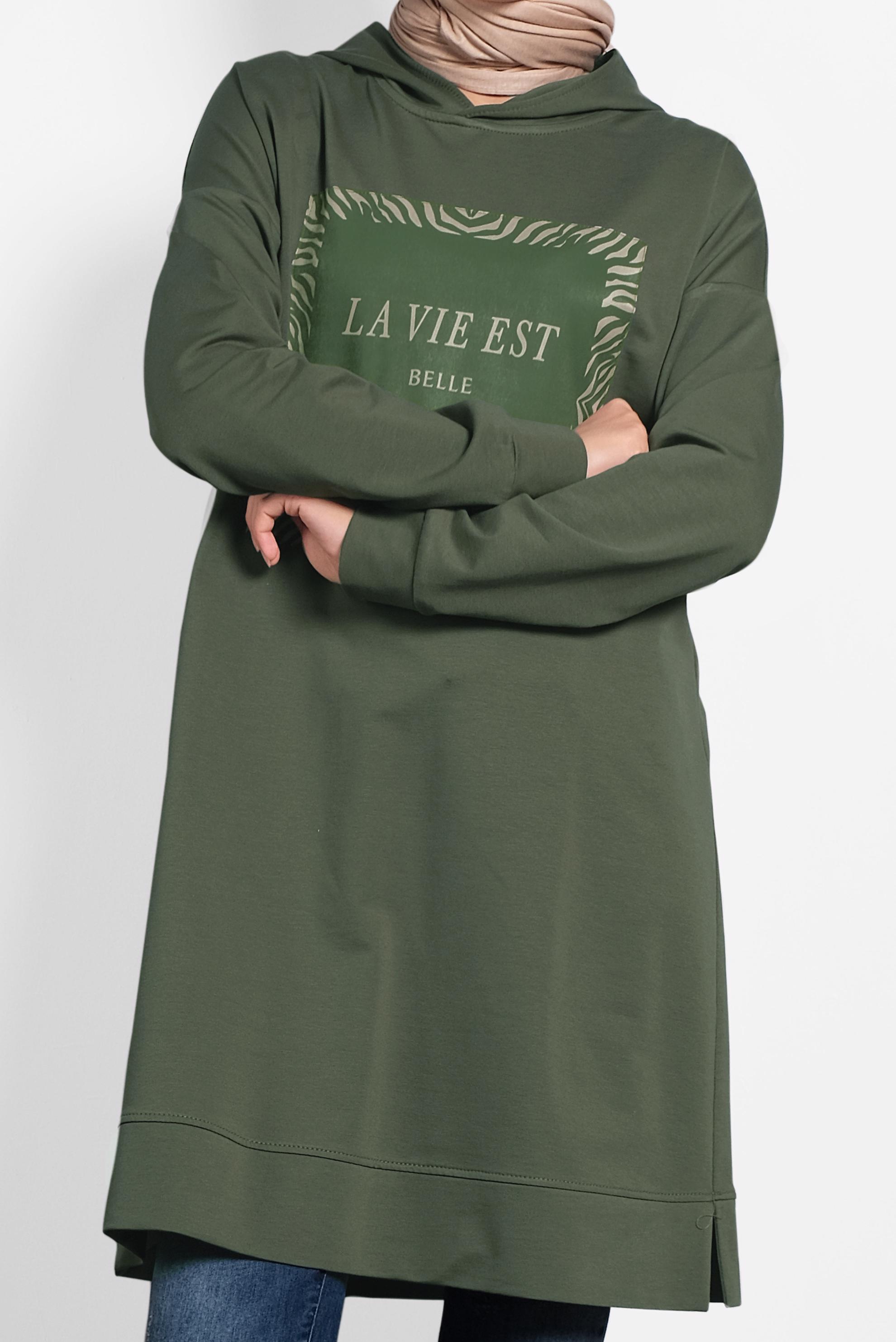 Tesettür giyim HAKİ ÖNÜ BASKILI KAPÜŞONLU  EŞOFMAN TUNİK 40163 