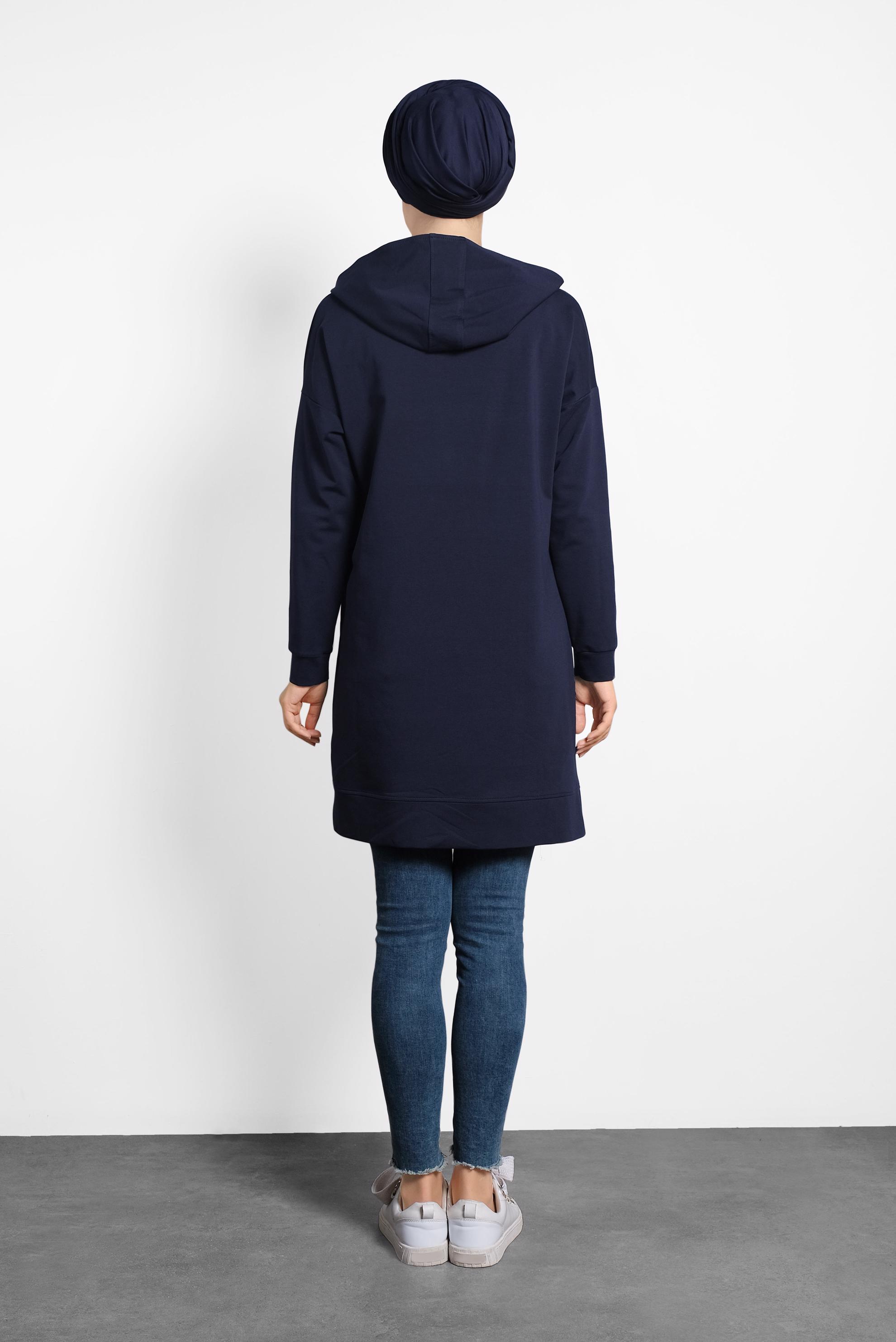Tesettür giyim LACİVERT ÖNÜ BASKILI KAPÜŞONLU  EŞOFMAN TUNİK 40163 