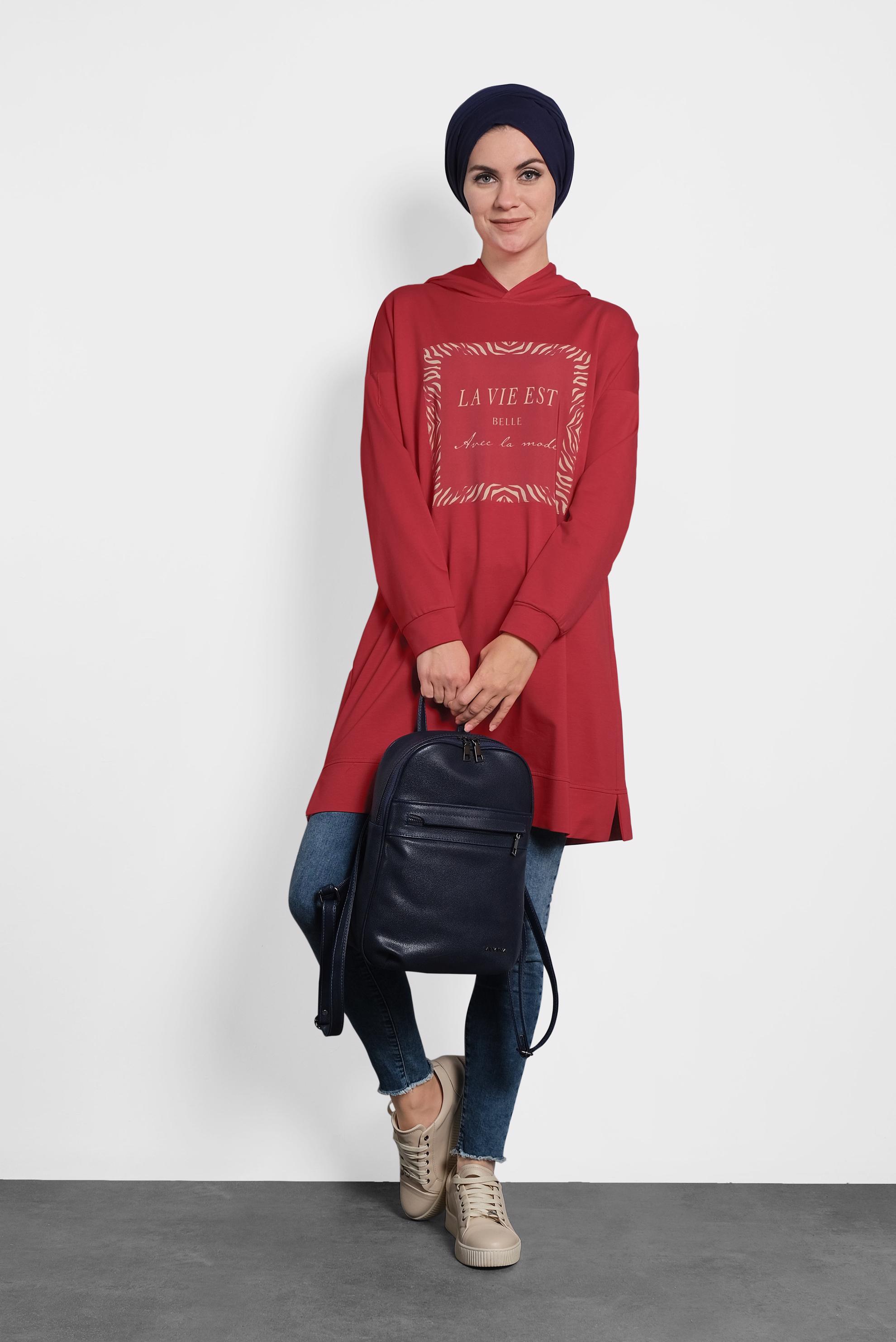 Tesettür giyim BORDO ÖNÜ BASKILI KAPÜŞONLU  EŞOFMAN TUNİK 40163 