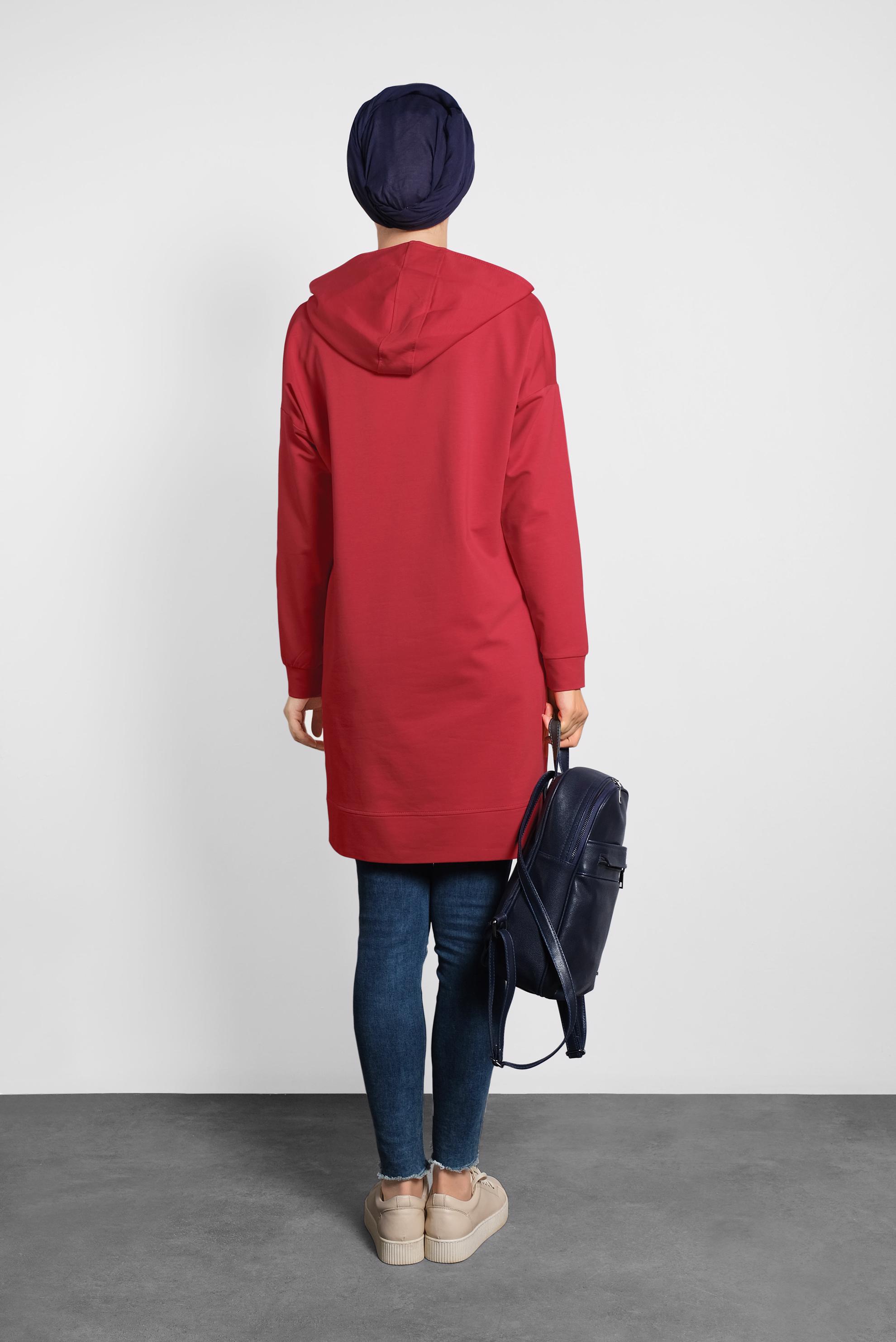 Tesettür giyim BORDO ÖNÜ BASKILI KAPÜŞONLU  EŞOFMAN TUNİK 40163 