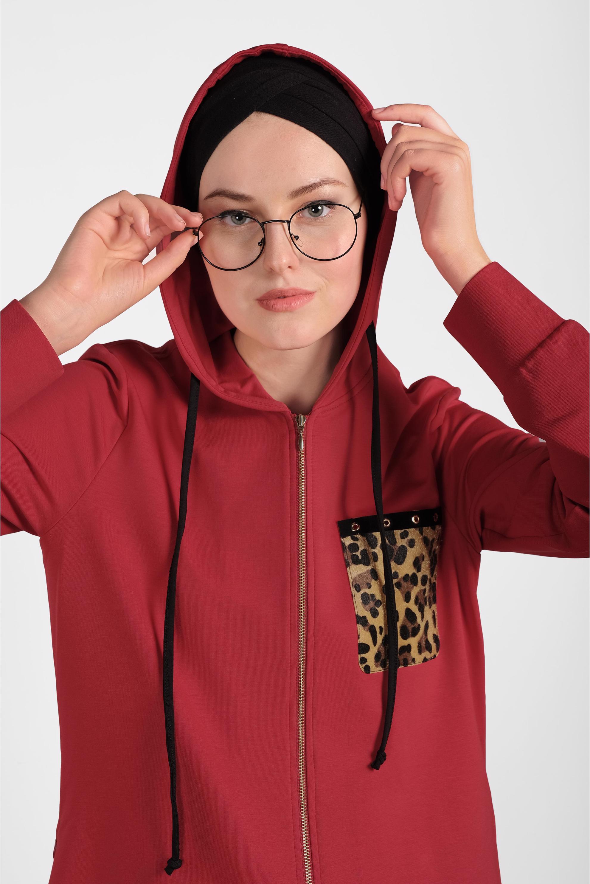 Tesettür giyim KIRMIZI LEOPAR DESENLİ EŞOFMAN TAKIMI 40226