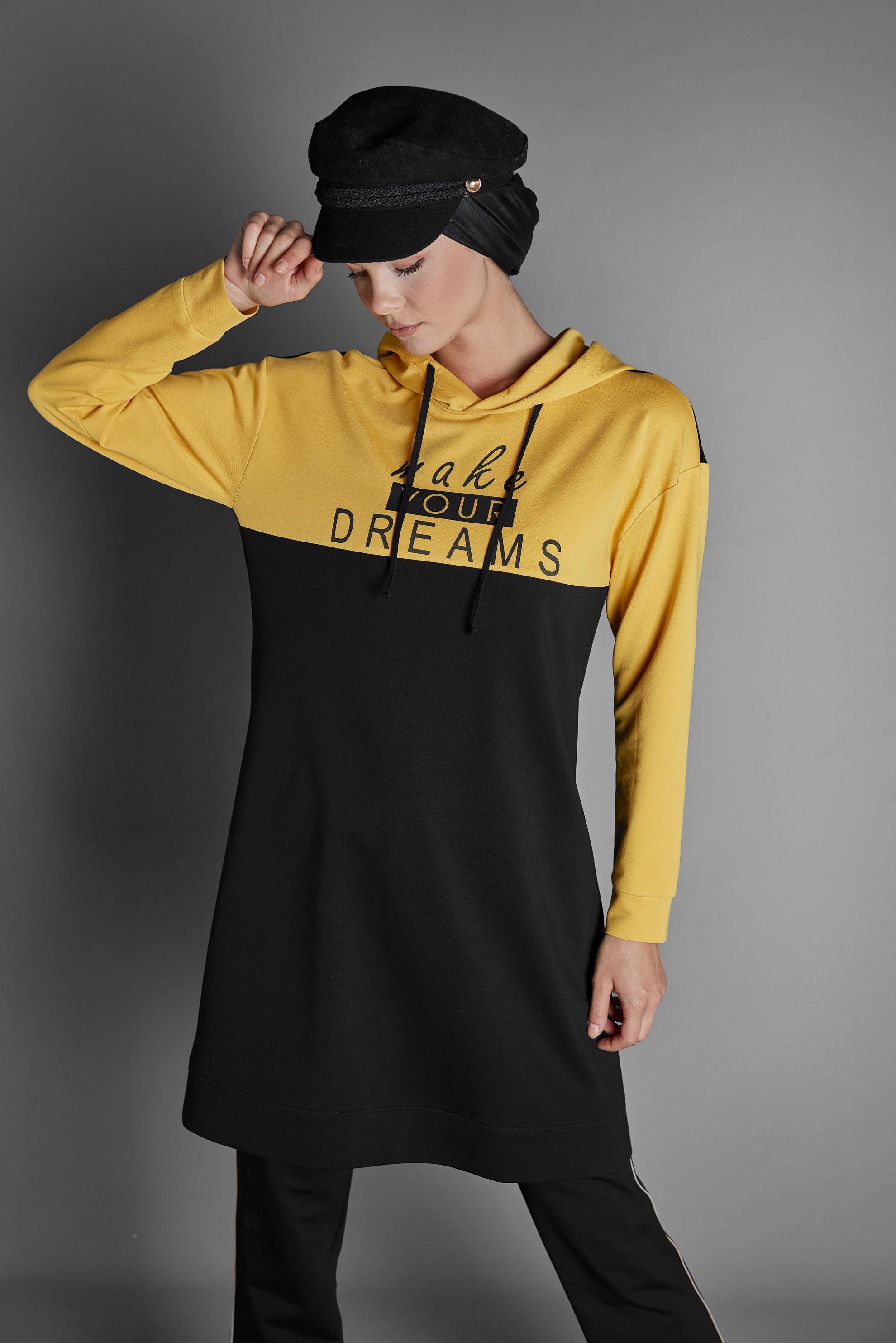 Tesettür giyim SARI BASKILI KAPÜŞONLU EŞOFMAN TAKIM 40229 