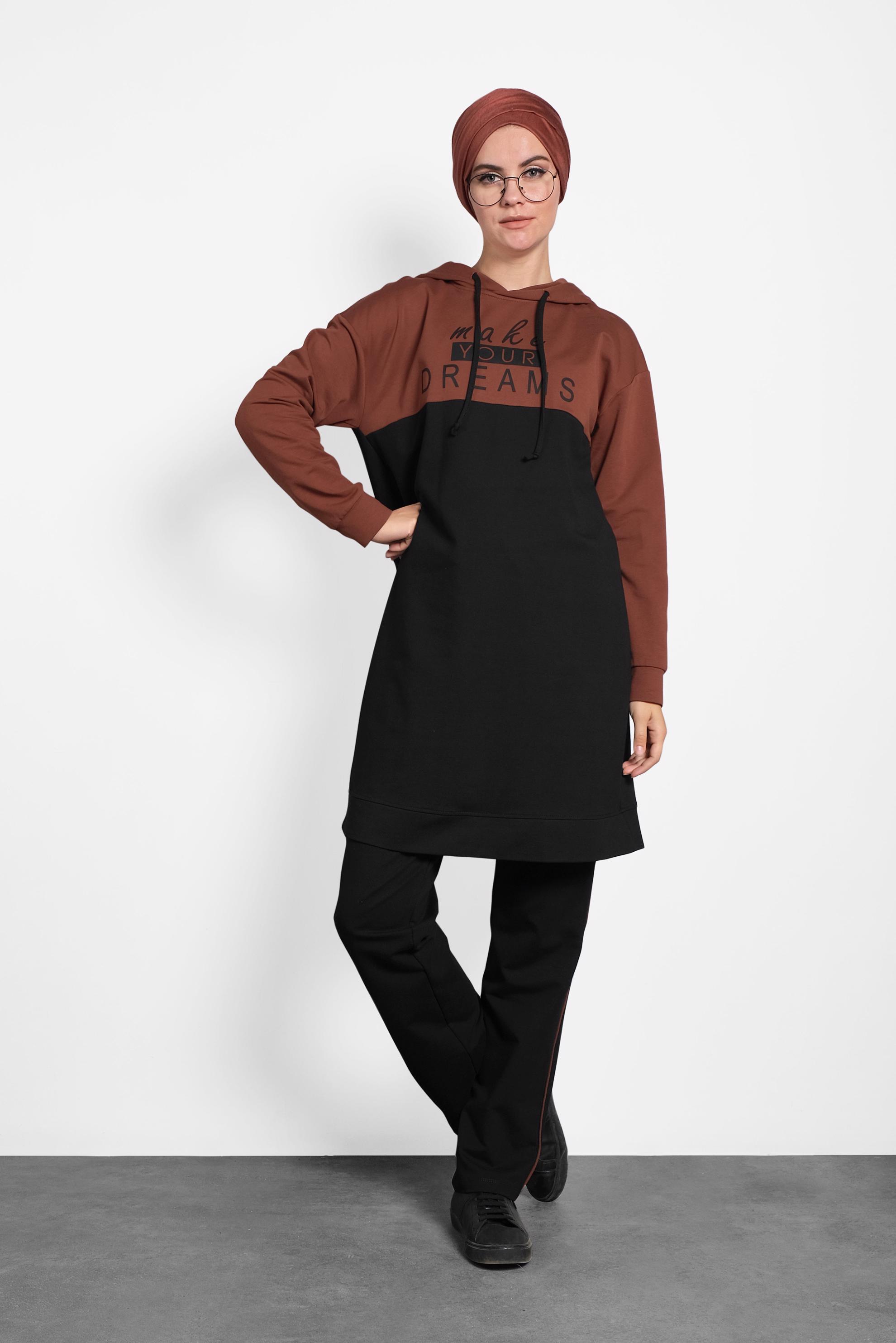 Tesettür giyim TURUNCU BASKILI KAPÜŞONLU EŞOFMAN TAKIM 40229 