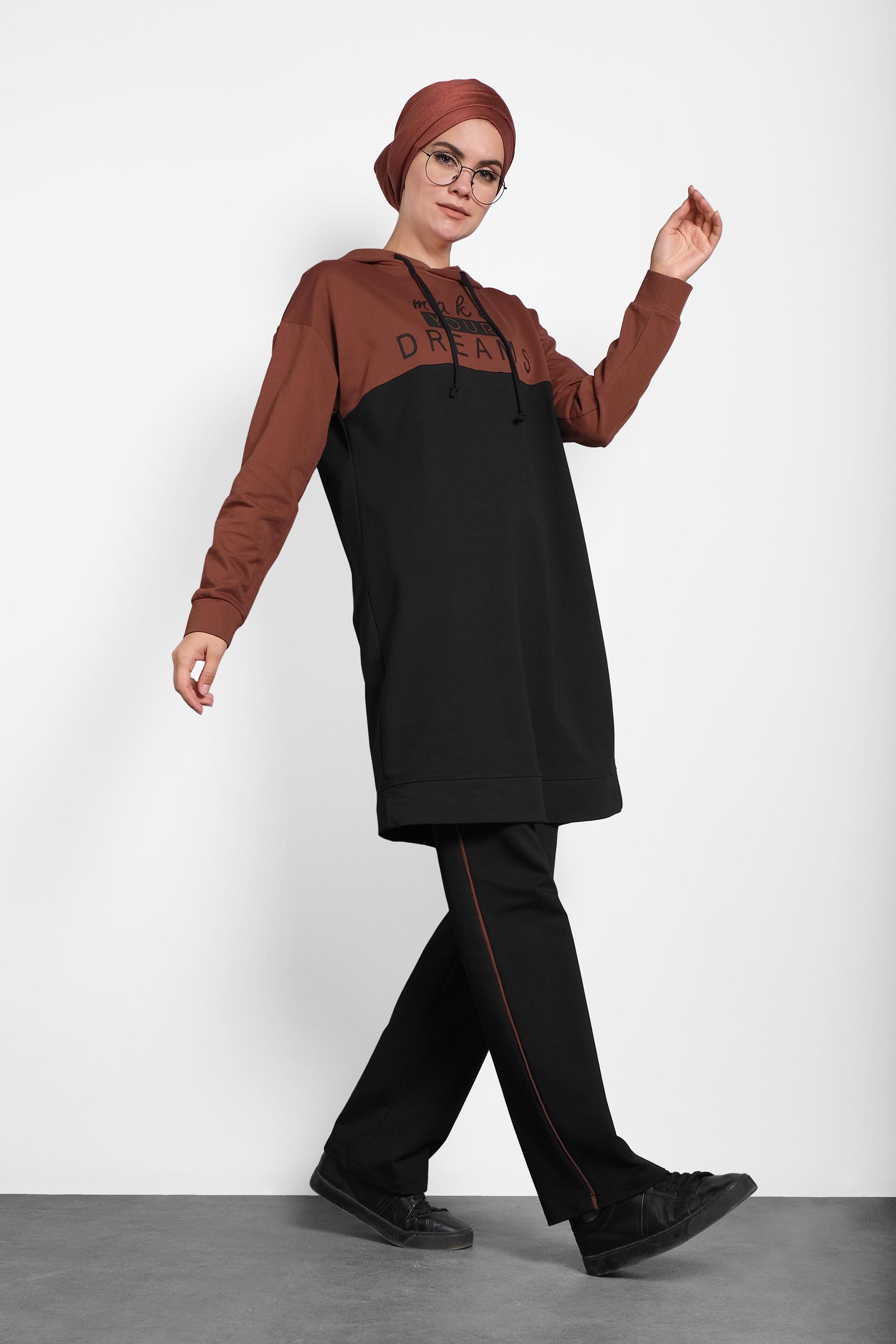 Tesettür giyim TURUNCU BASKILI KAPÜŞONLU EŞOFMAN TAKIM 40229 