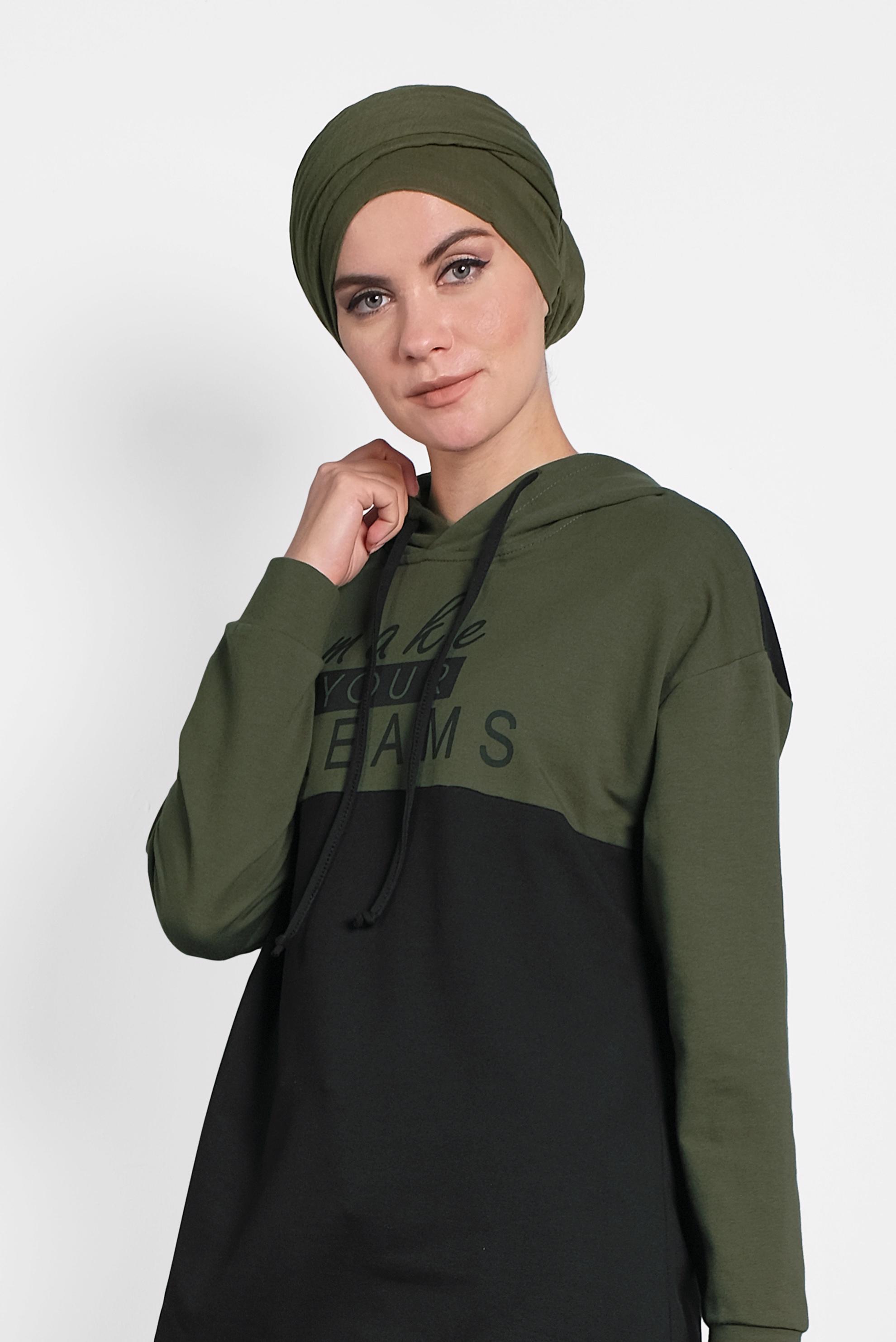 Tesettür giyim HAKİ BASKILI KAPÜŞONLU EŞOFMAN TAKIM 40229 