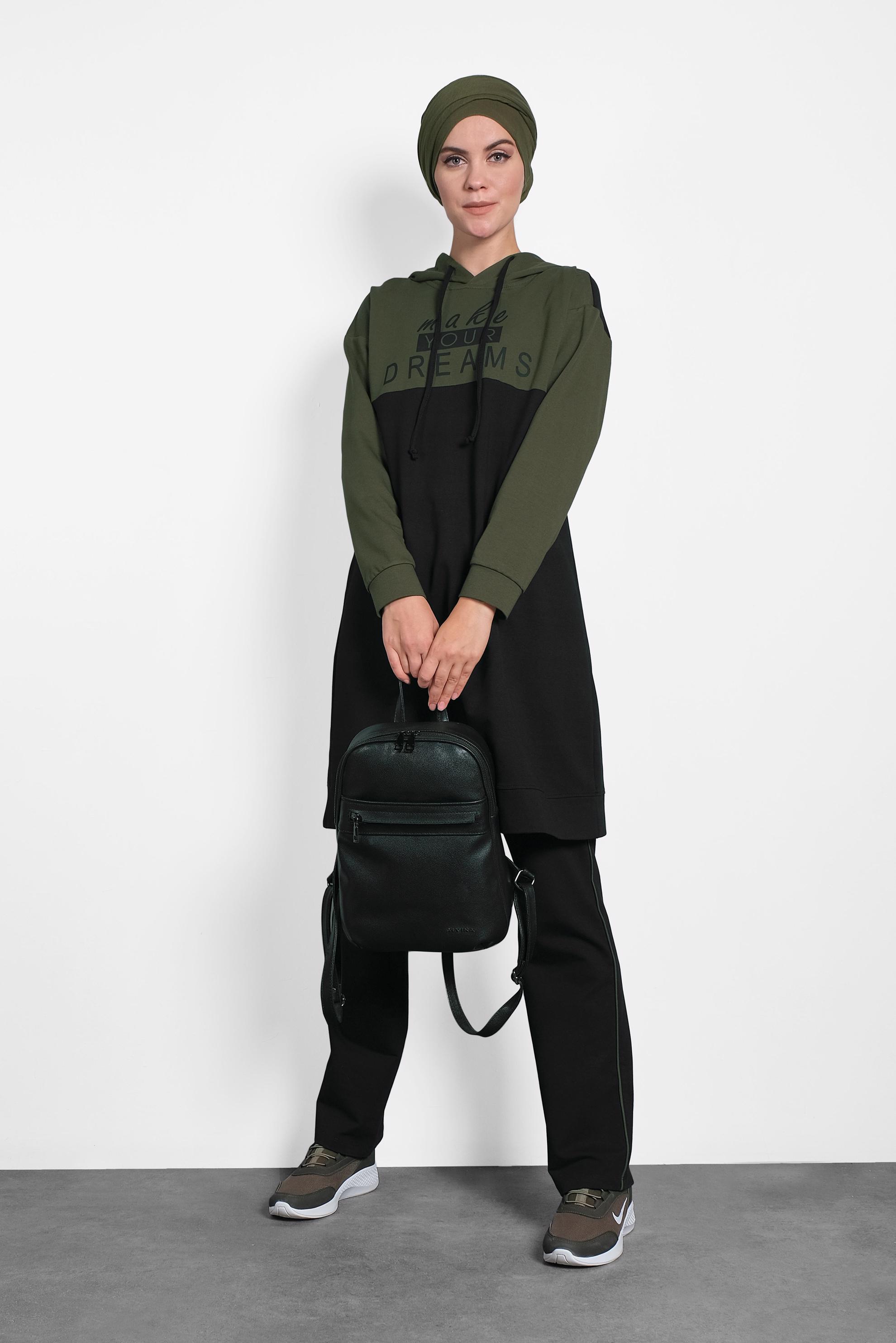 Tesettür giyim HAKİ BASKILI KAPÜŞONLU EŞOFMAN TAKIM 40229 