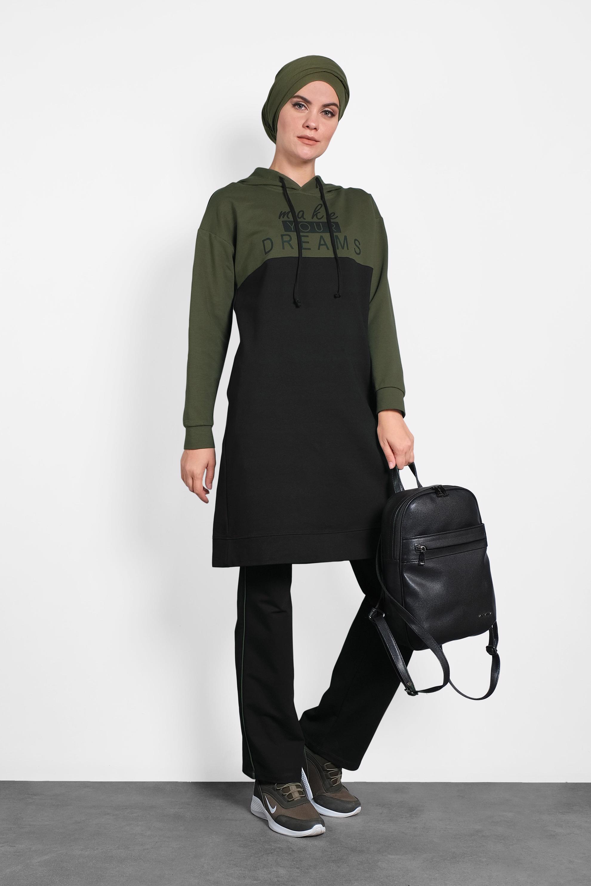 Tesettür giyim HAKİ BASKILI KAPÜŞONLU EŞOFMAN TAKIM 40229 