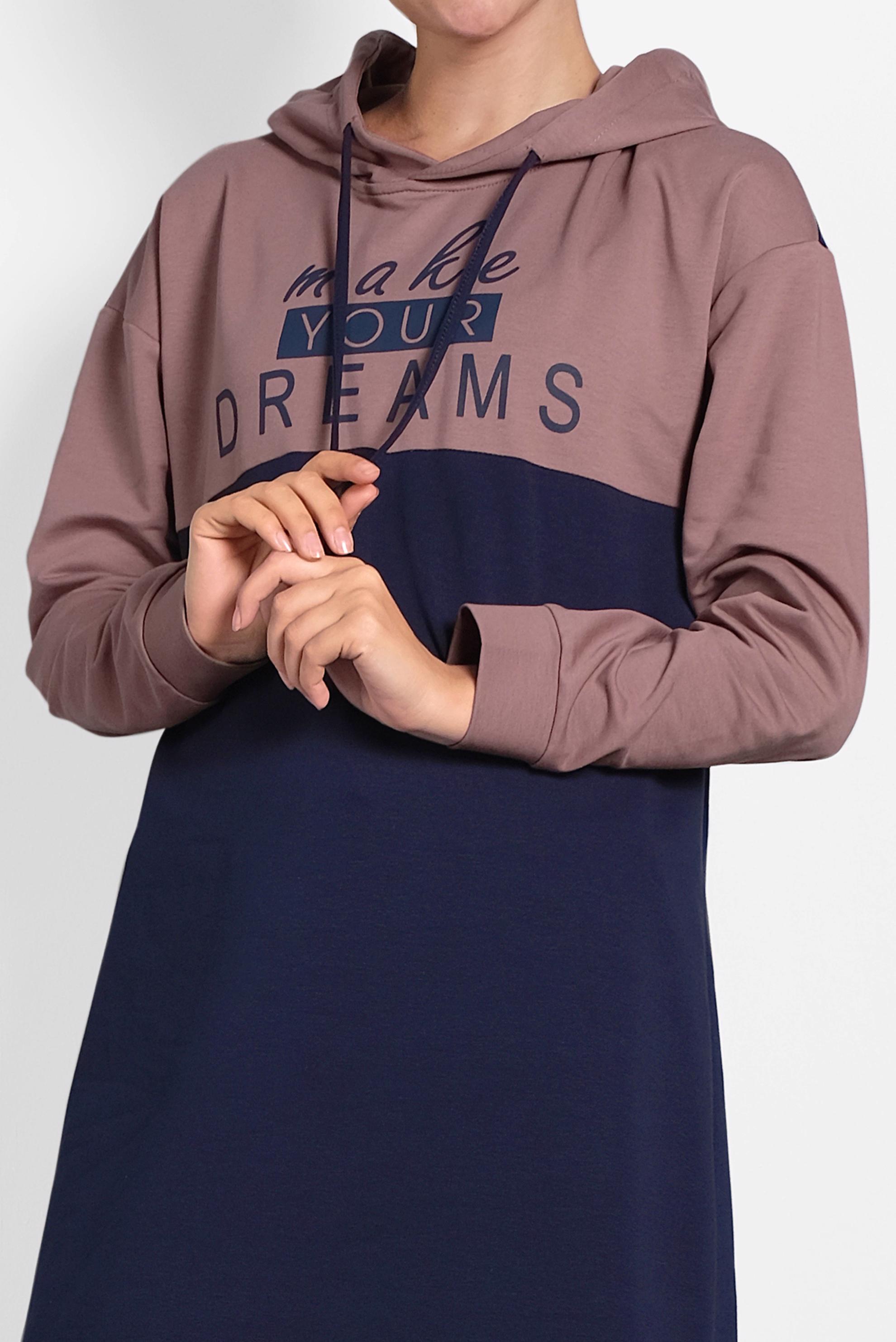 Tesettür giyim PEMBE BASKILI KAPÜŞONLU EŞOFMAN TAKIM 40229 