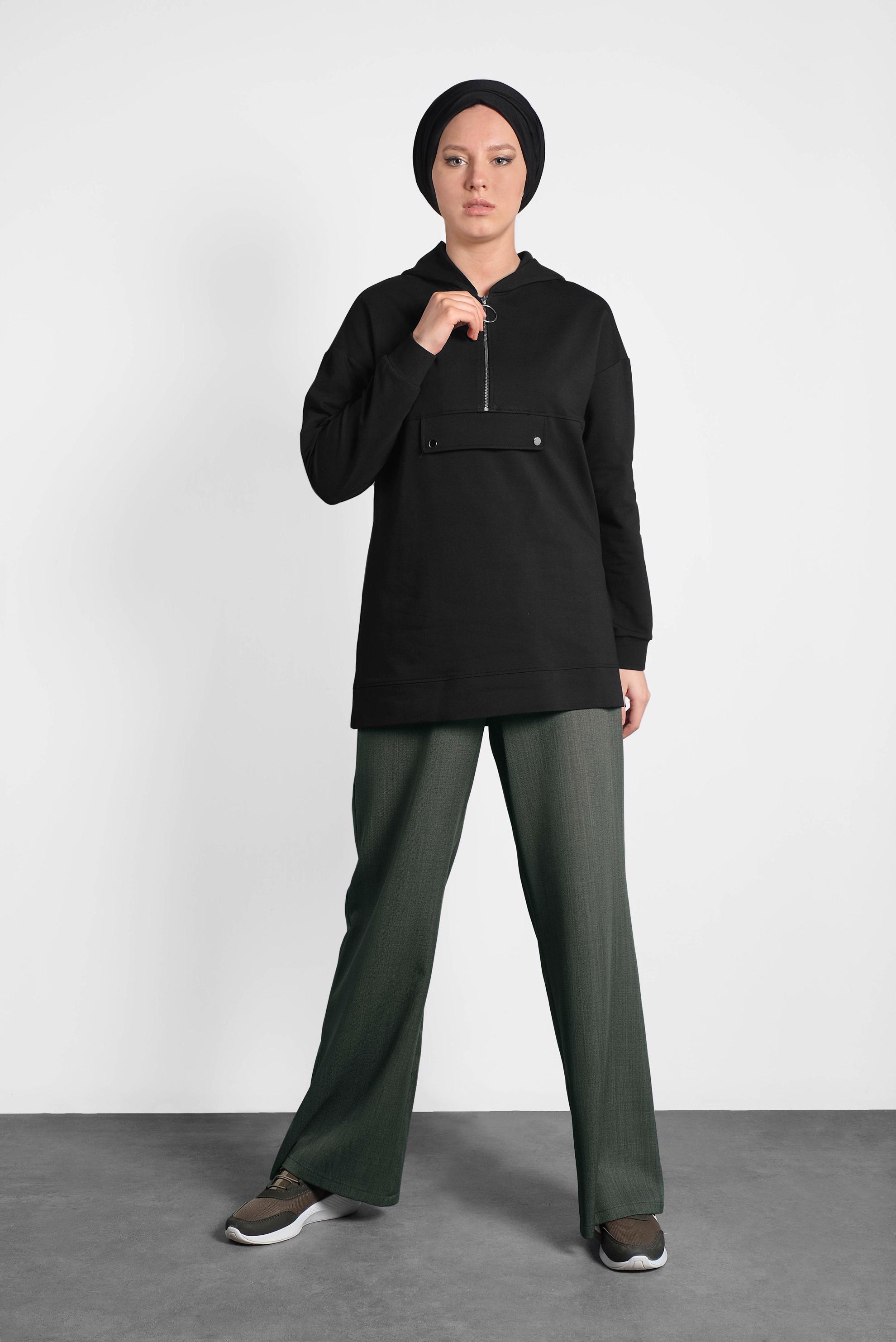 Tesettür giyim SİYAH KAPÜŞONLU PAMUKLU SPOR TUNİK 40251