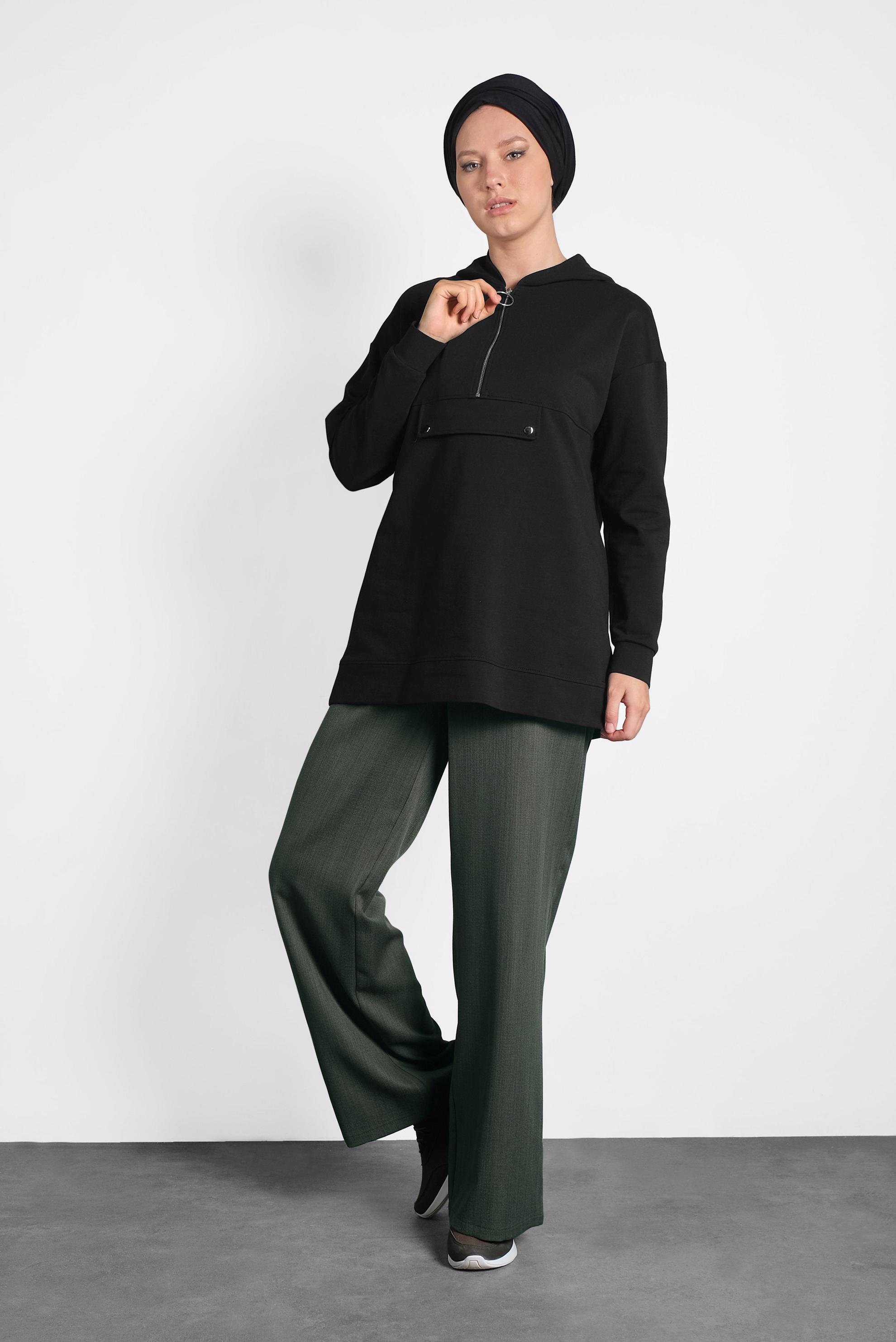 Tesettür giyim SİYAH KAPÜŞONLU PAMUKLU SPOR TUNİK 40251